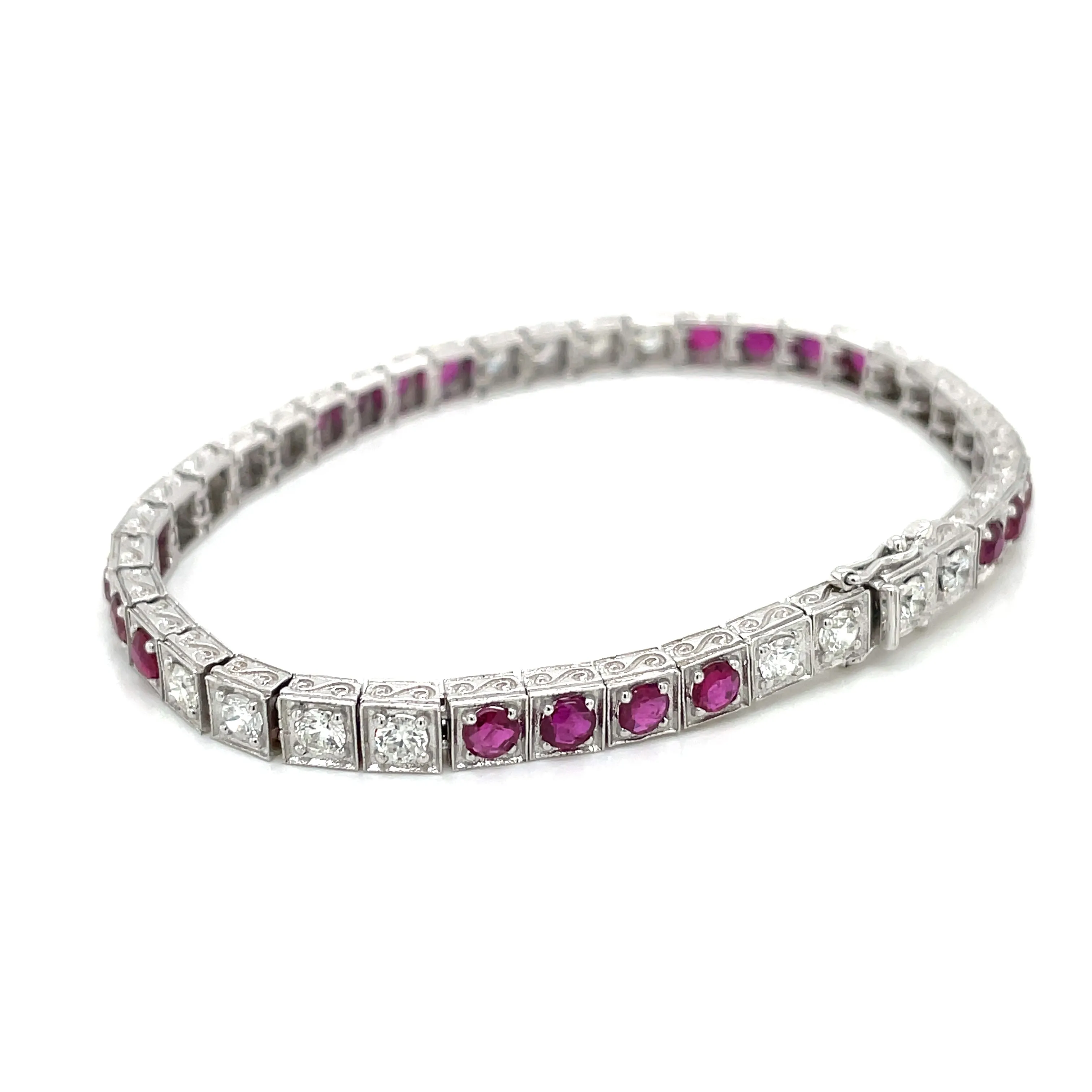 Estate Diamond Ruby Engraved Tennis Gold Bracelet