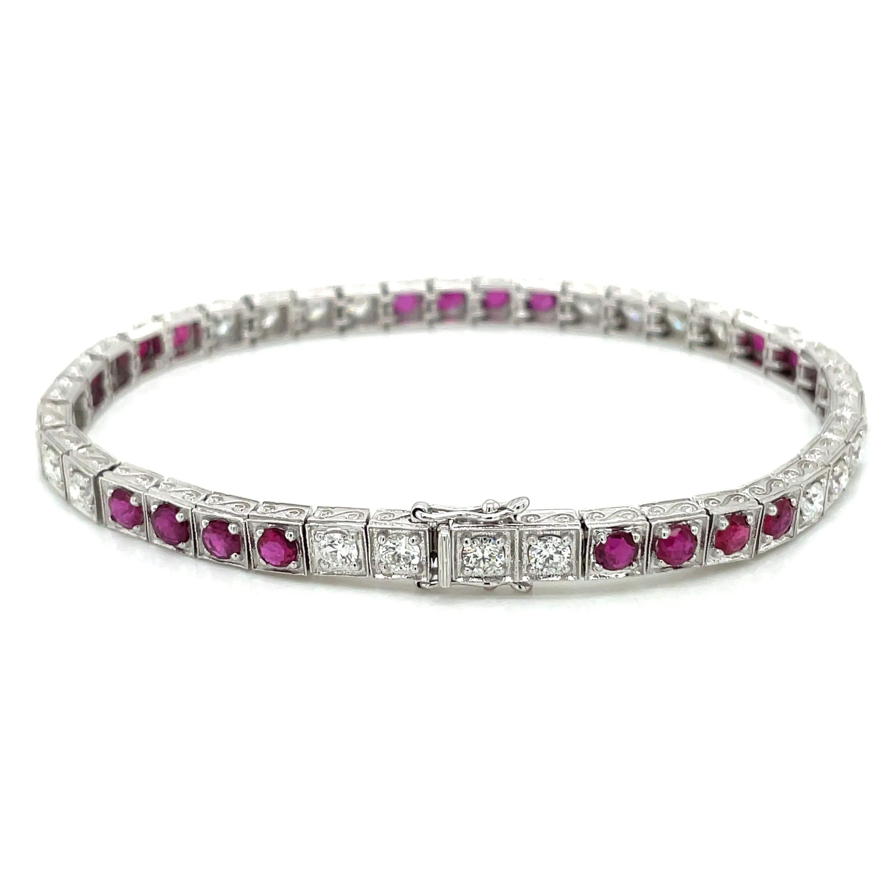 Estate Diamond Ruby Engraved Tennis Gold Bracelet