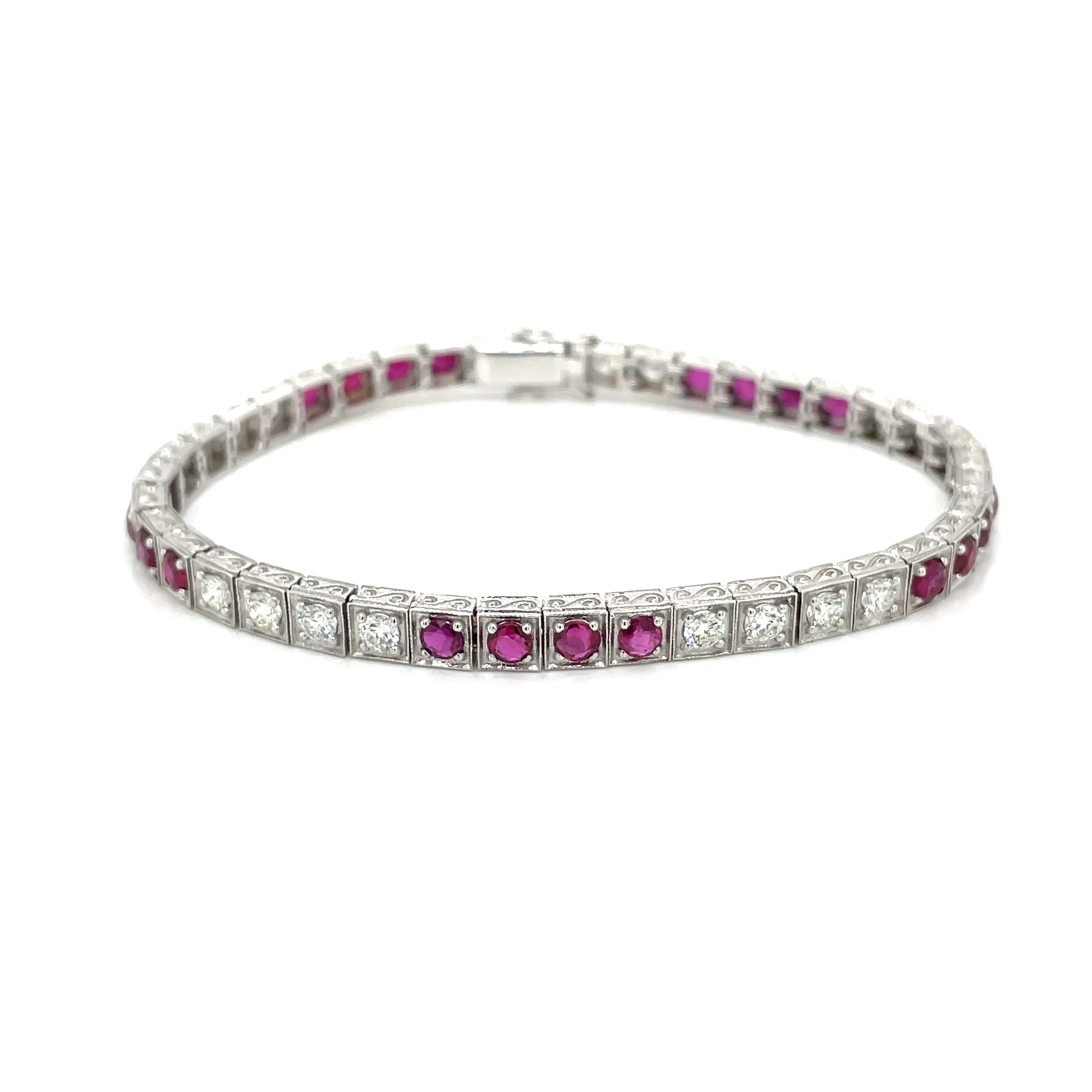 Estate Diamond Ruby Engraved Tennis Gold Bracelet
