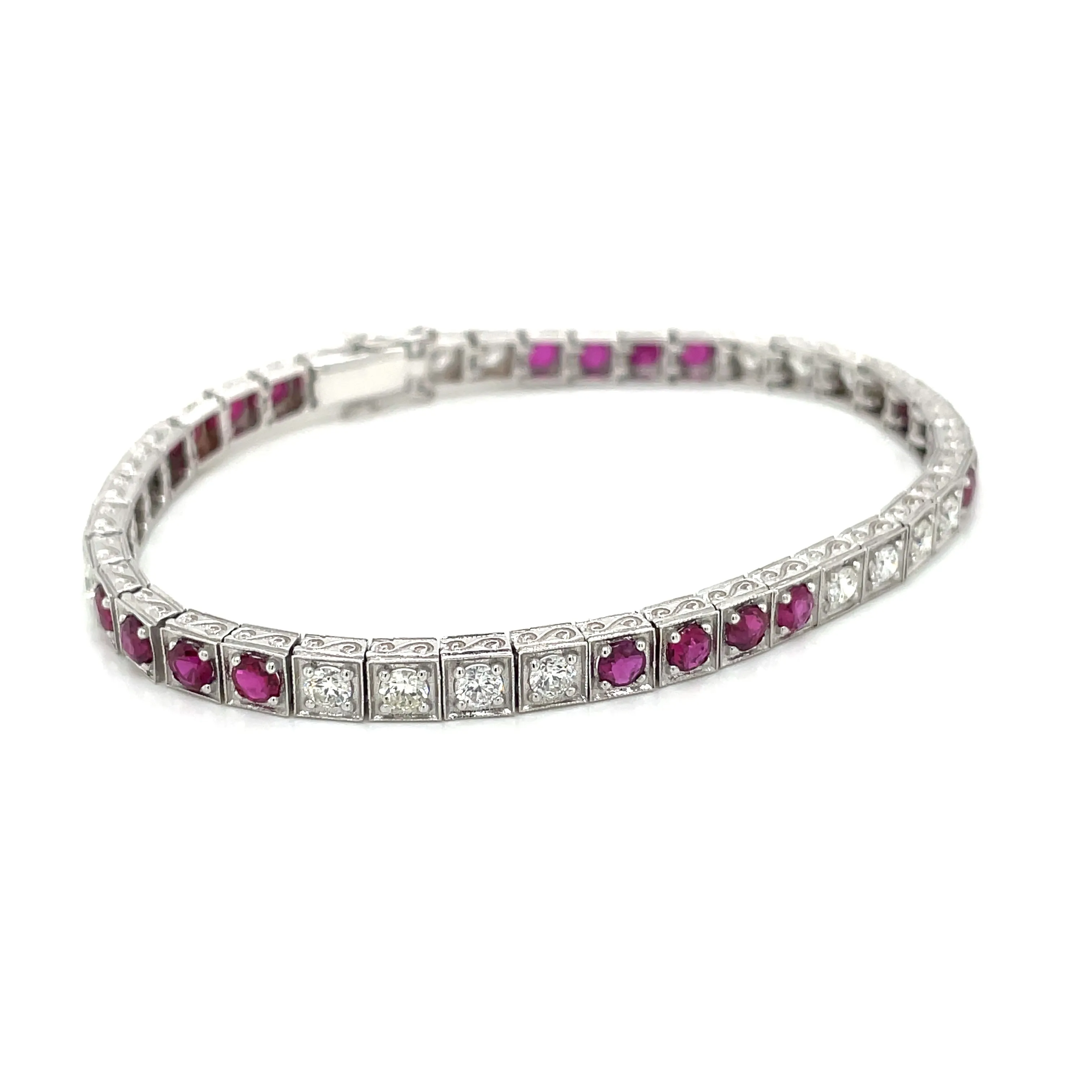 Estate Diamond Ruby Engraved Tennis Gold Bracelet