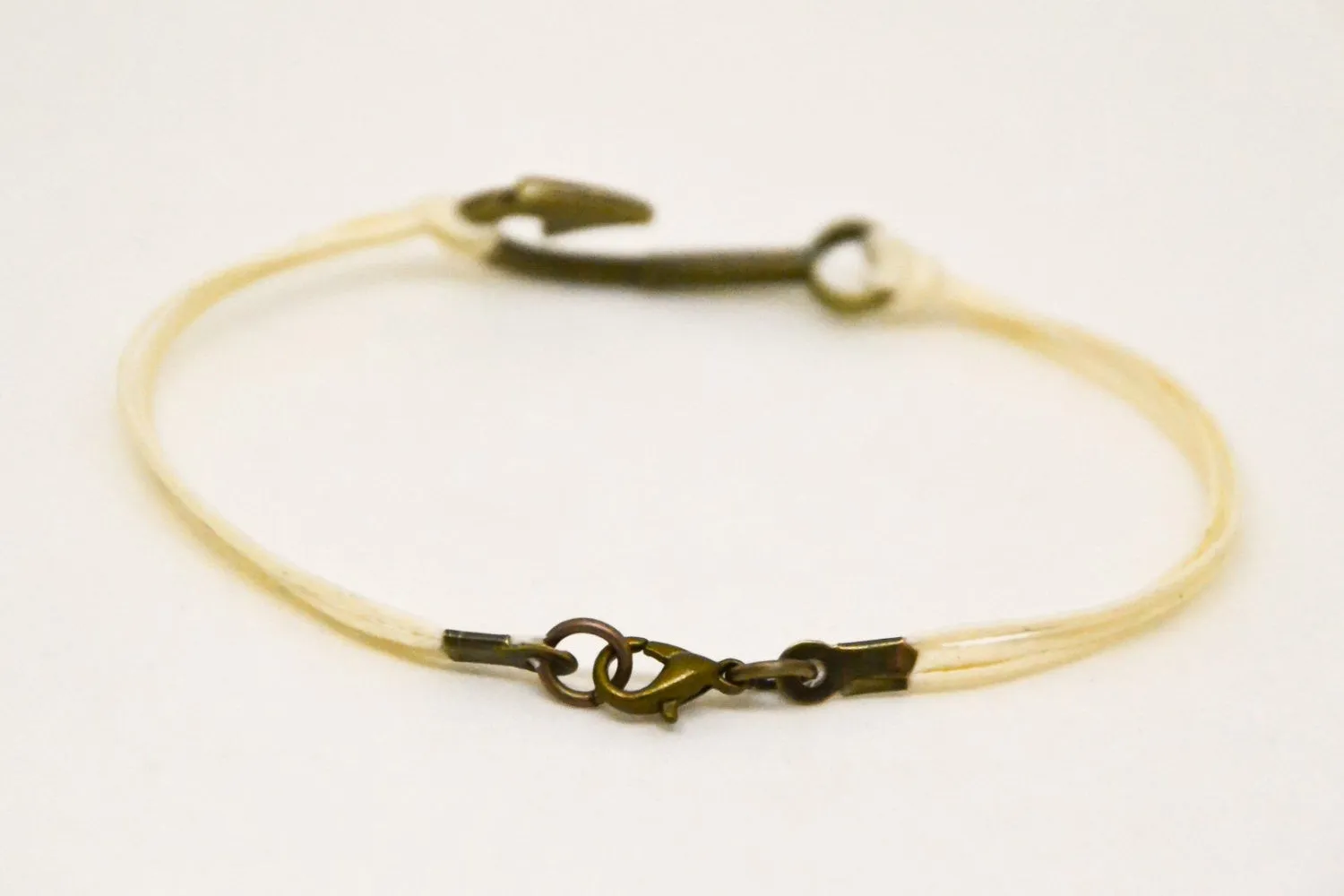 Fish hook charm bracelet for men, bronze hook, beige string, custom color, gift wrapped handmade