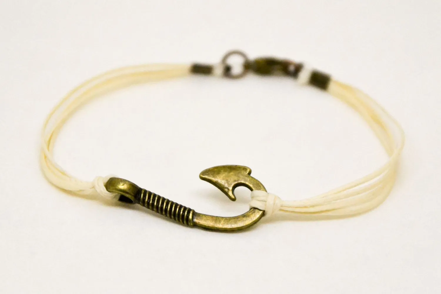 Fish hook charm bracelet for men, bronze hook, beige string, custom color, gift wrapped handmade