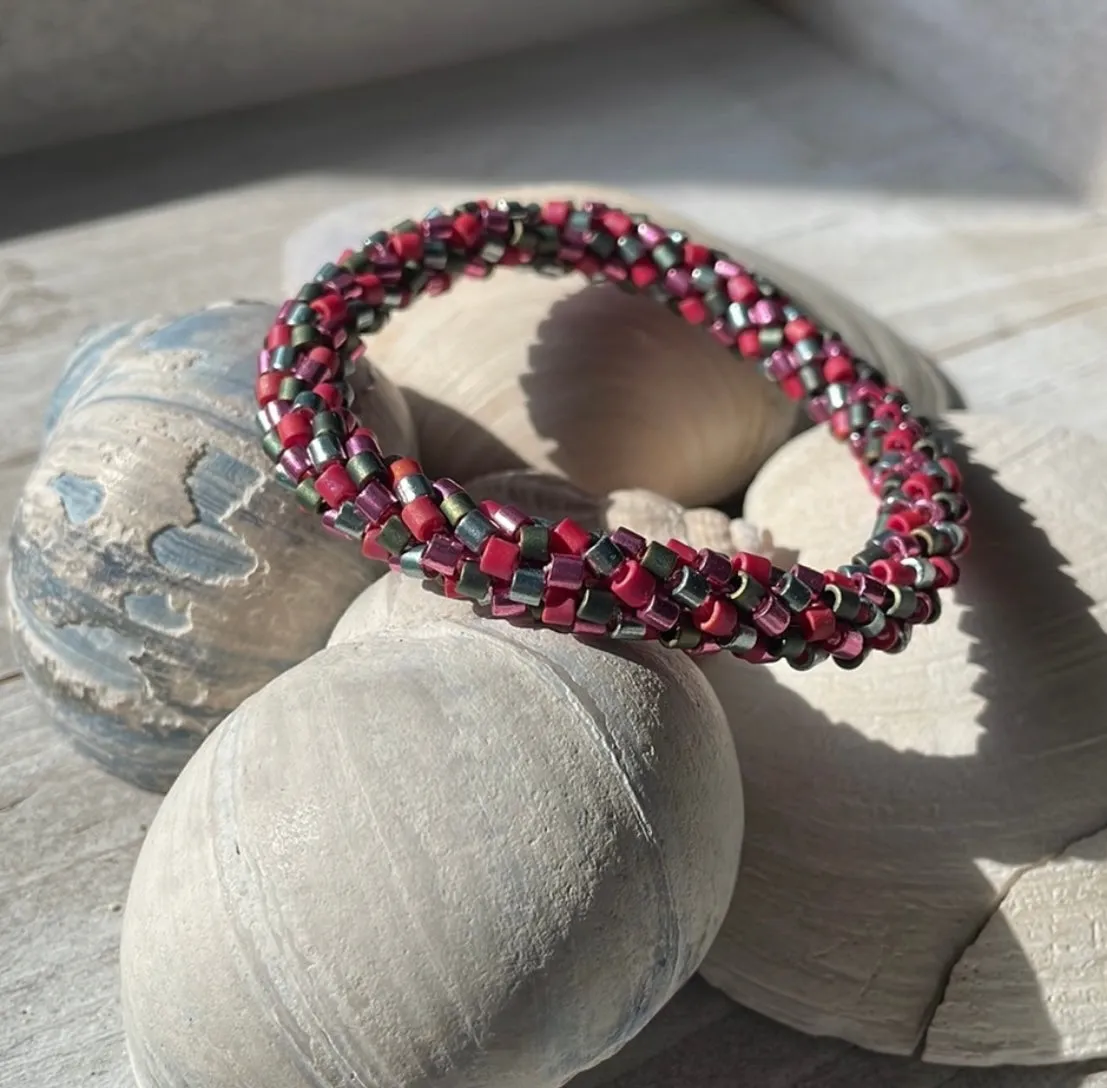 Green & pink crocheted bracelet