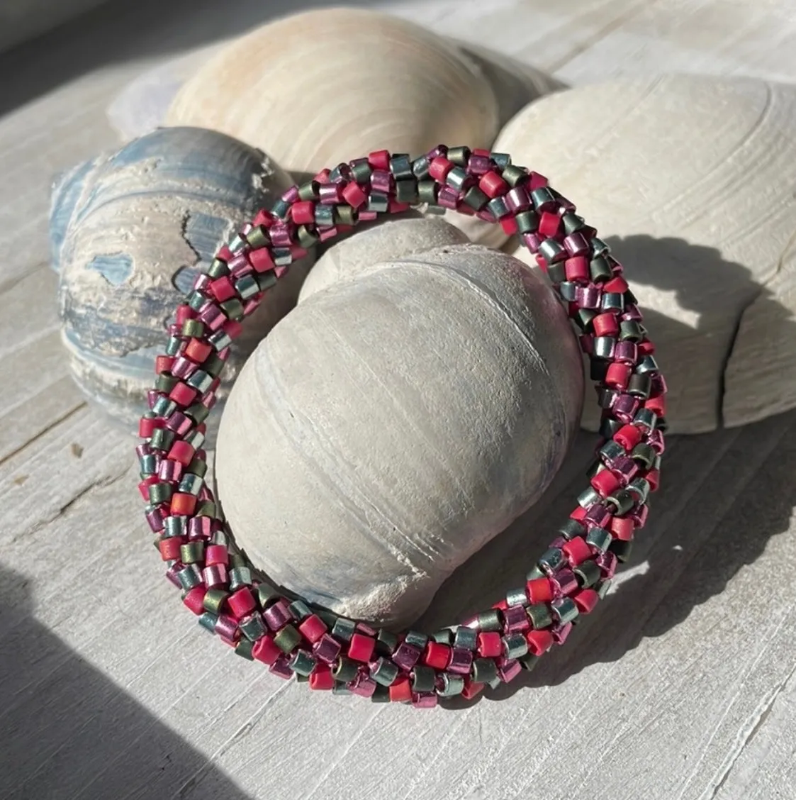 Green & pink crocheted bracelet
