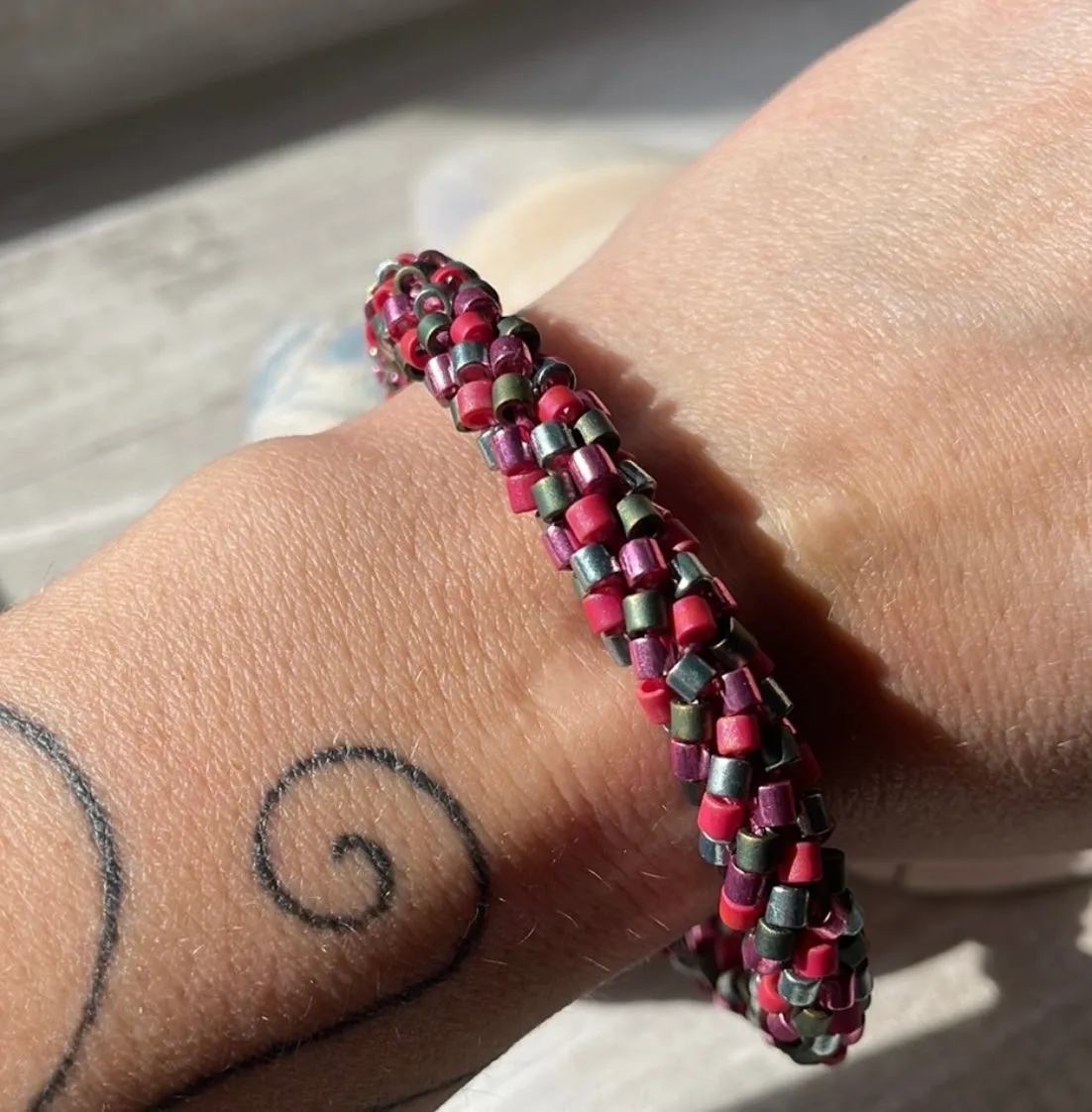 Green & pink crocheted bracelet