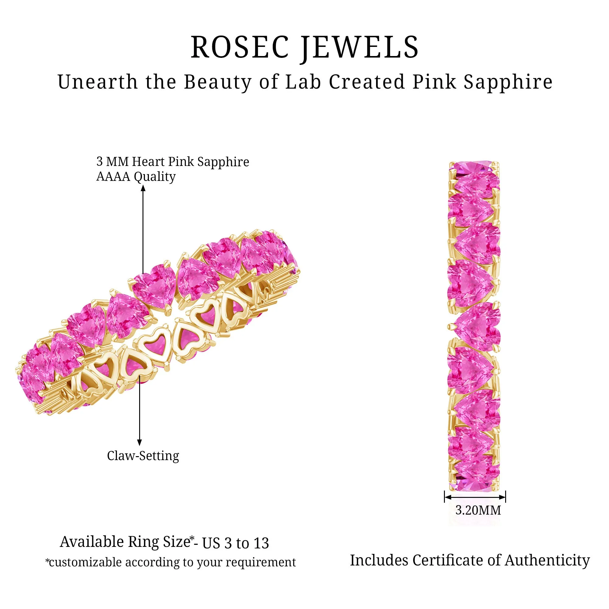 Heart Shape Lab Grown Pink Sapphire Eternity Ring in Claw Setting