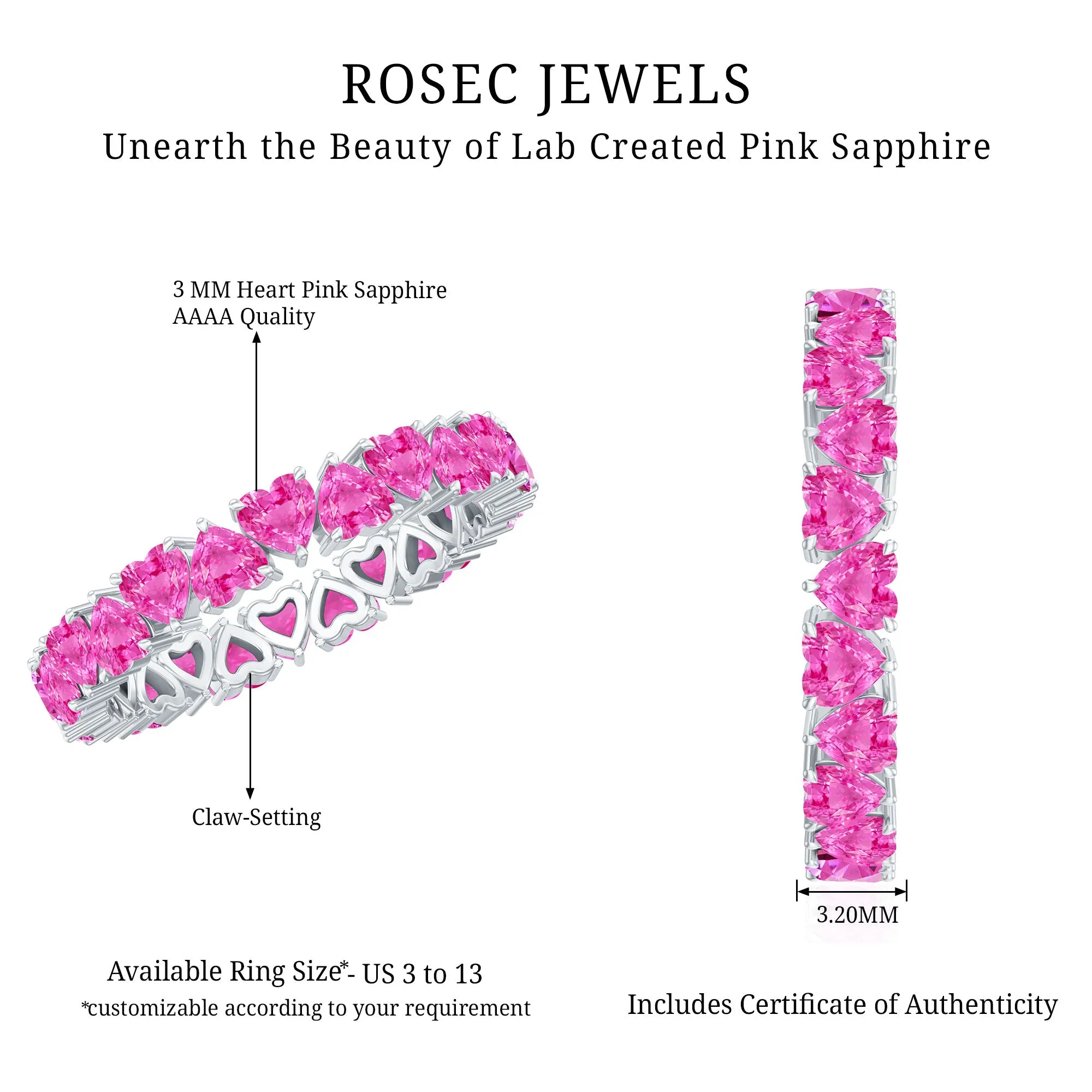 Heart Shape Lab Grown Pink Sapphire Eternity Ring in Claw Setting