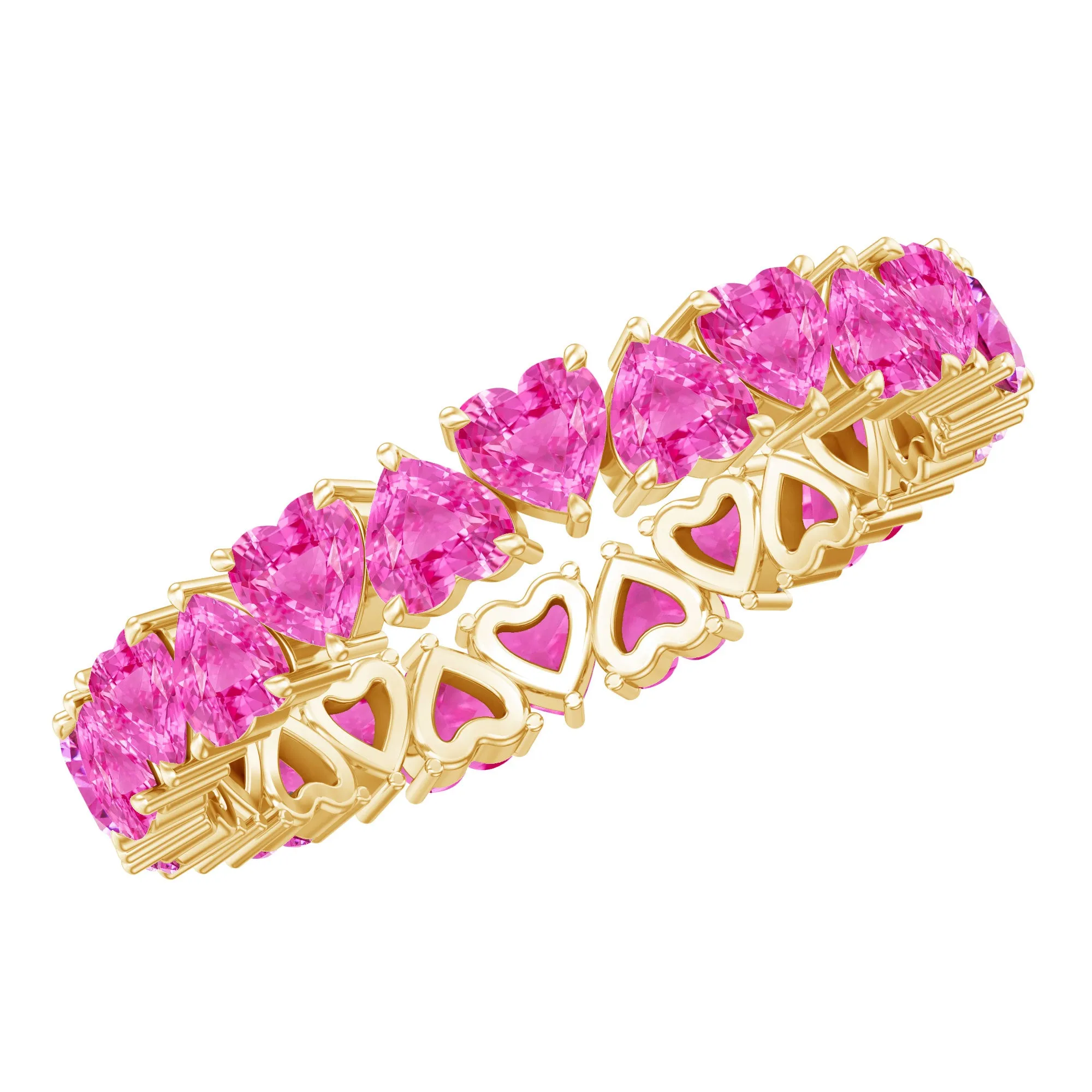 Heart Shape Lab Grown Pink Sapphire Eternity Ring in Claw Setting