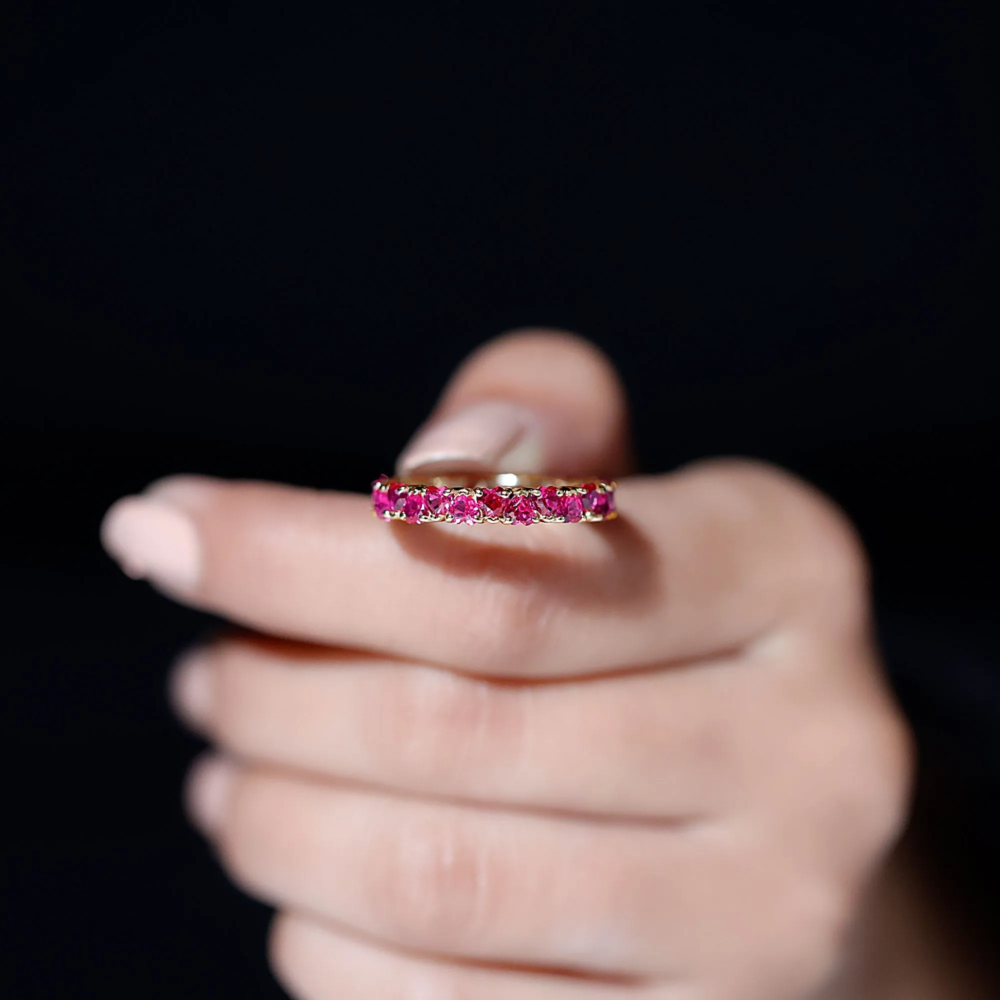 Heart Shape Lab Grown Pink Sapphire Eternity Ring in Claw Setting