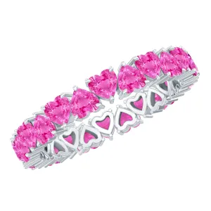 Heart Shape Lab Grown Pink Sapphire Eternity Ring in Claw Setting