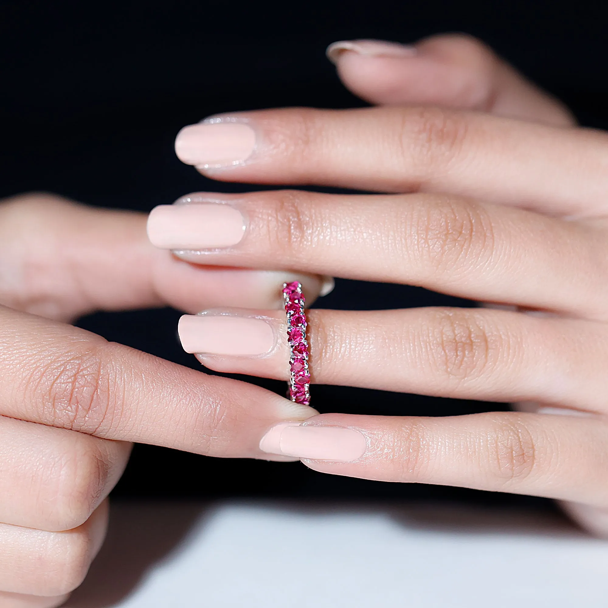 Heart Shape Lab Grown Pink Sapphire Eternity Ring in Claw Setting