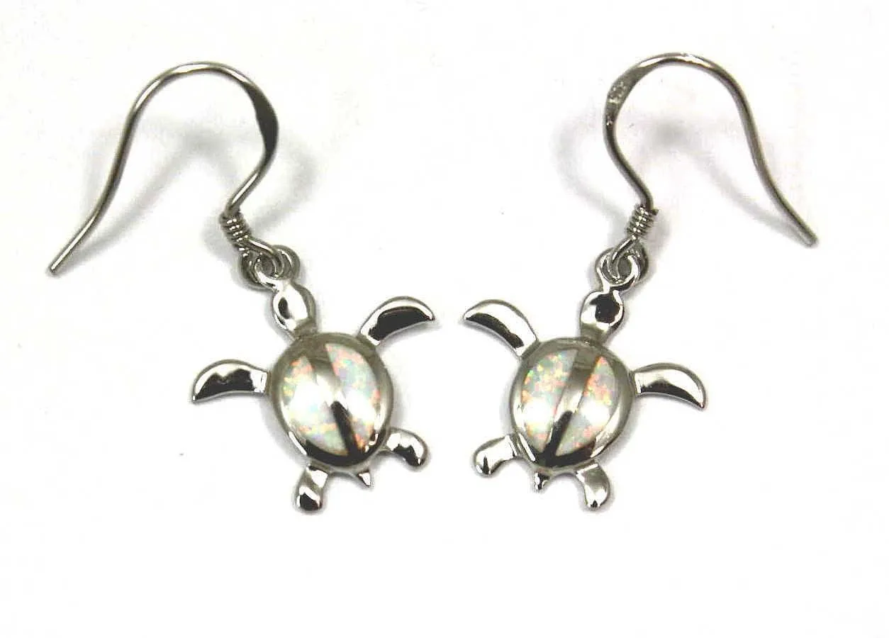 INLAY OPAL SILVER HAWAIIAN HONU TURTLE EARRINGS WIRE HOOK 16MM (TE-87)
