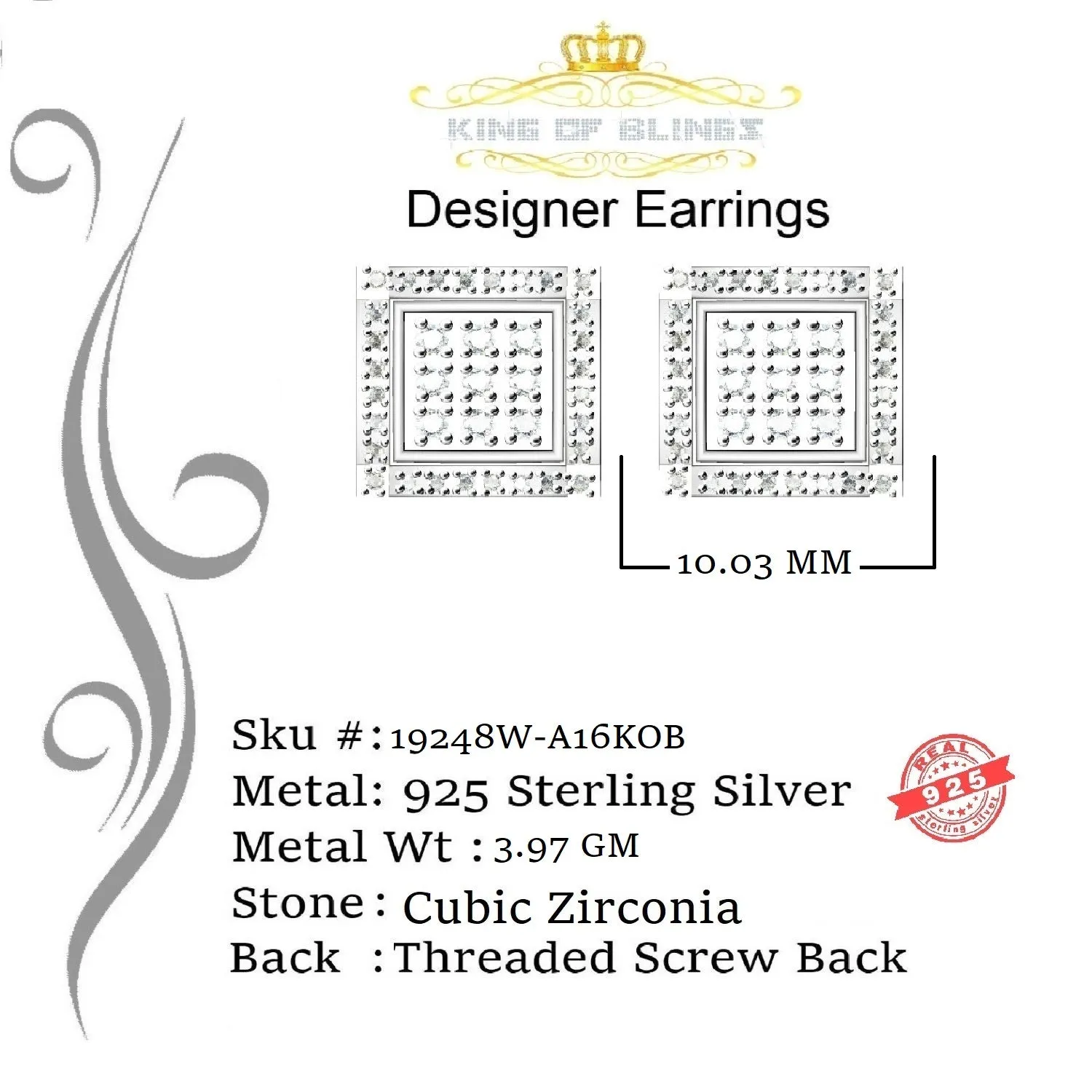 King of Blings- 925 Silver White Elegant 0.99ct Square Screw Back Cubic Zirconia Women's Earring