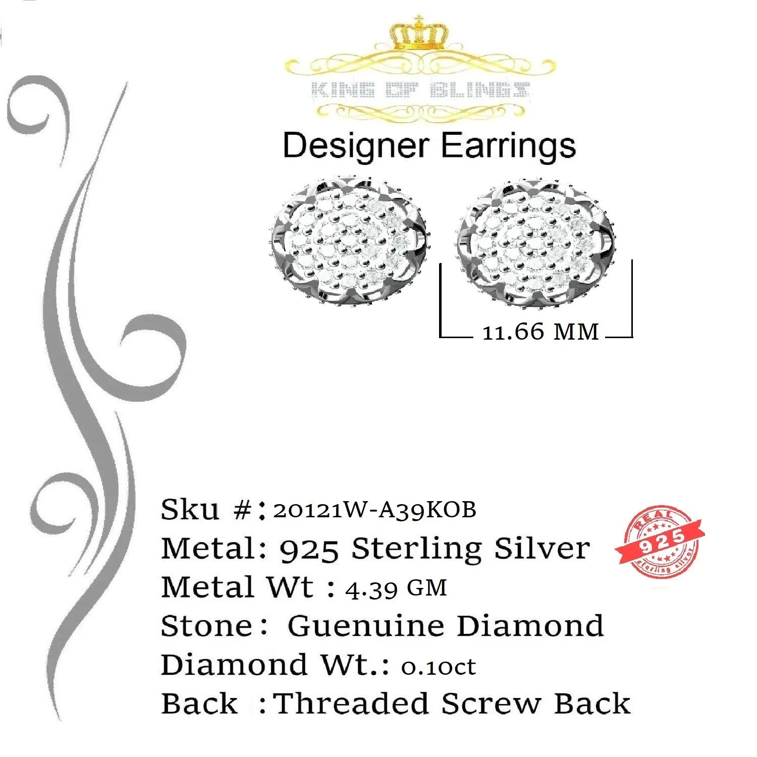 King Of Bling's 925 Sterling White Silver 0.10ct Diamond Flower Earrings For Women's & Men's