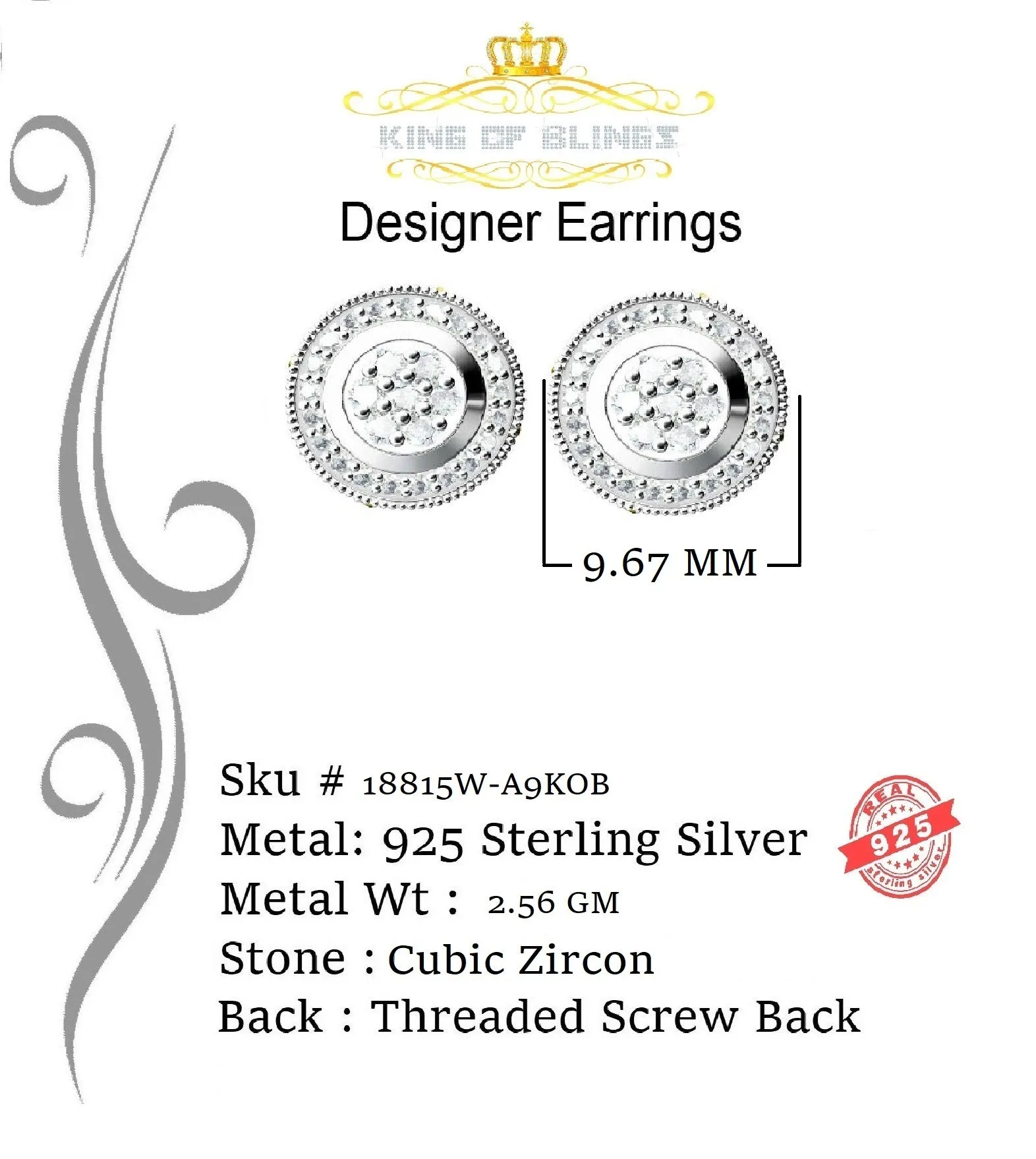 King of Blings- Aretes Para Hombre 925 White Silver 1.59ct Cubic Zirconia Round Women's Earrings