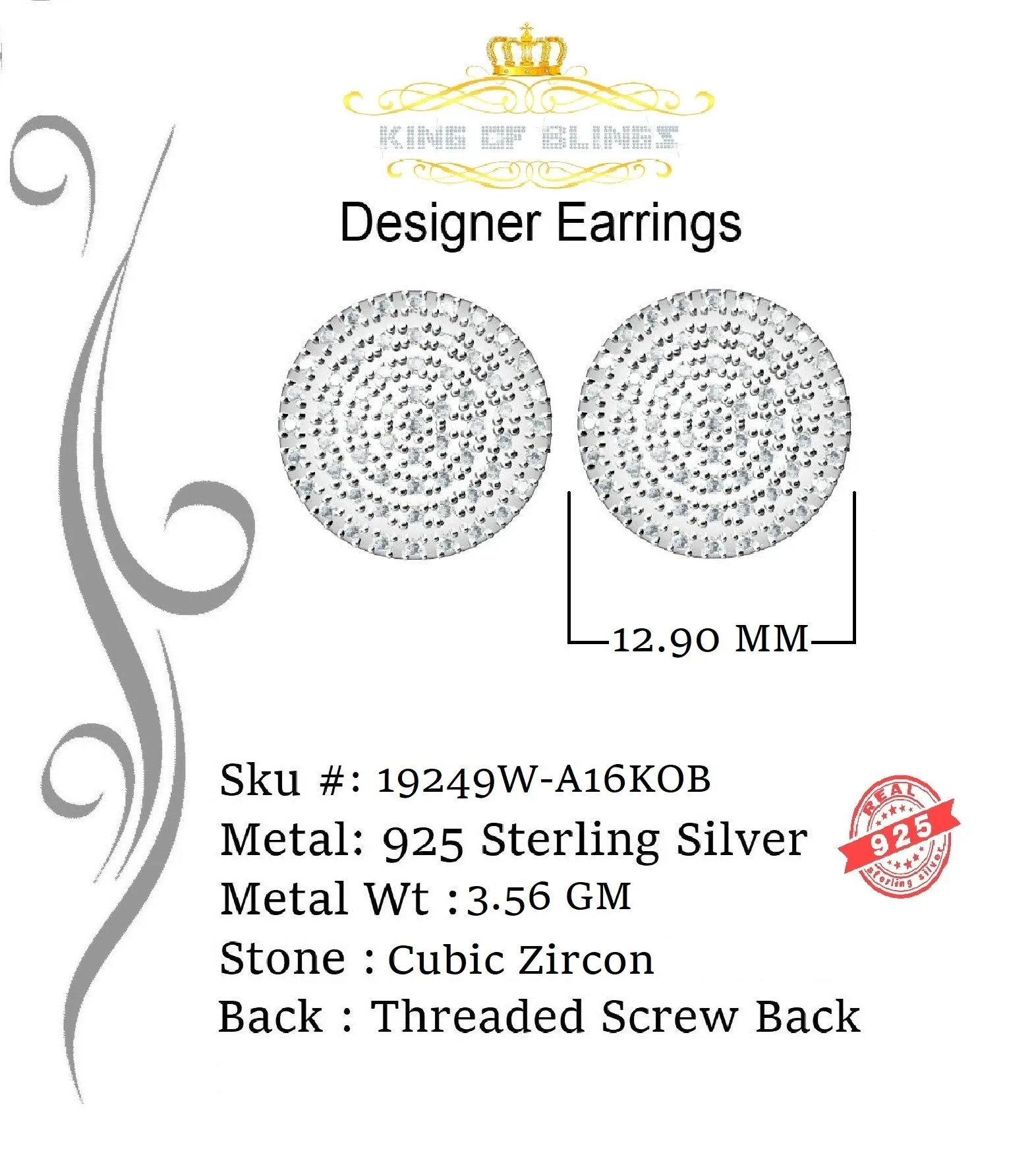 King of Blings- Aretes Para Hombre 925 White Silver 2.44ct Cubic Zirconia Round Women's Earring