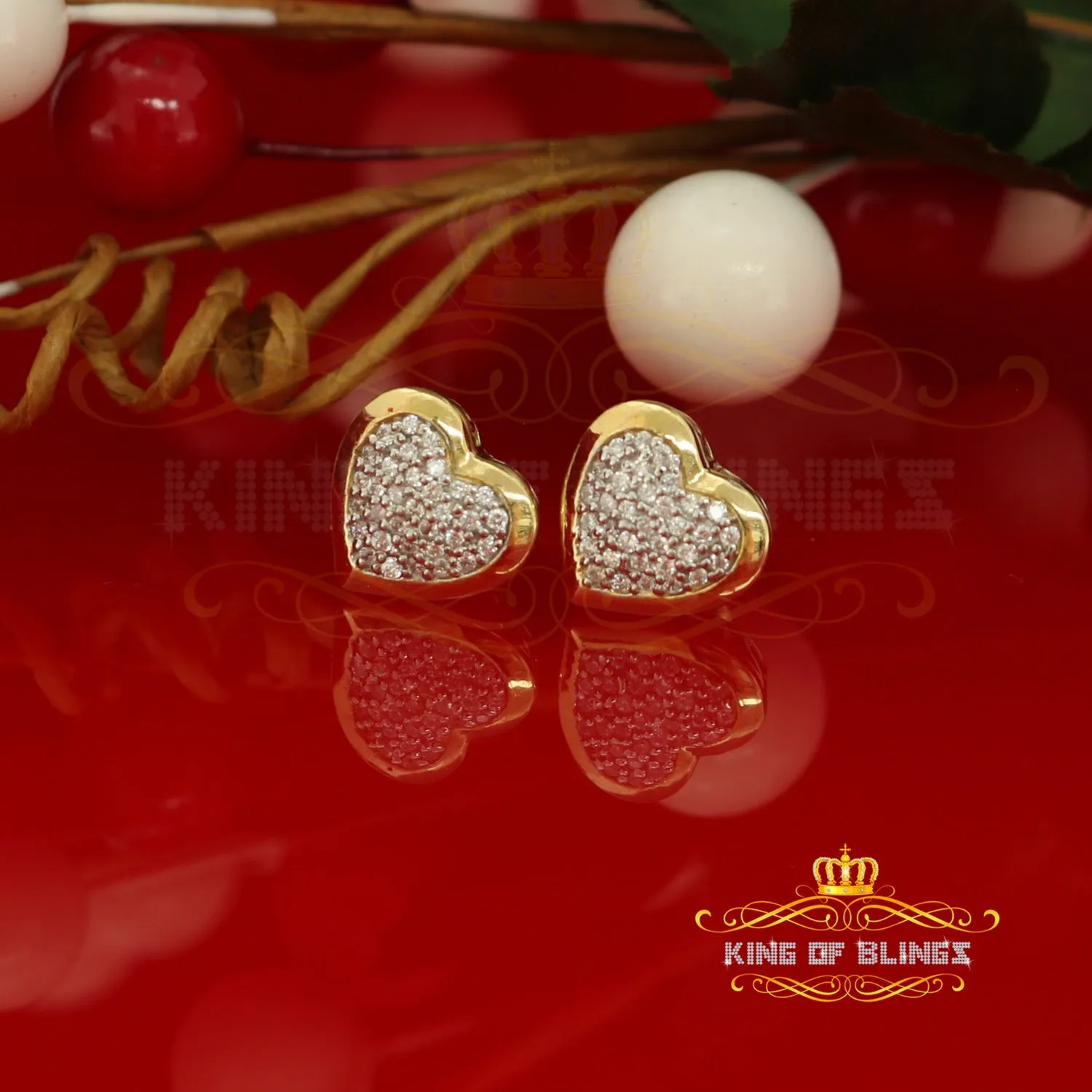 King of Bling's Aretes Para Hombre 925 Yellow Silver 0.71ct Cubic Zirconia Heart Women's Earring