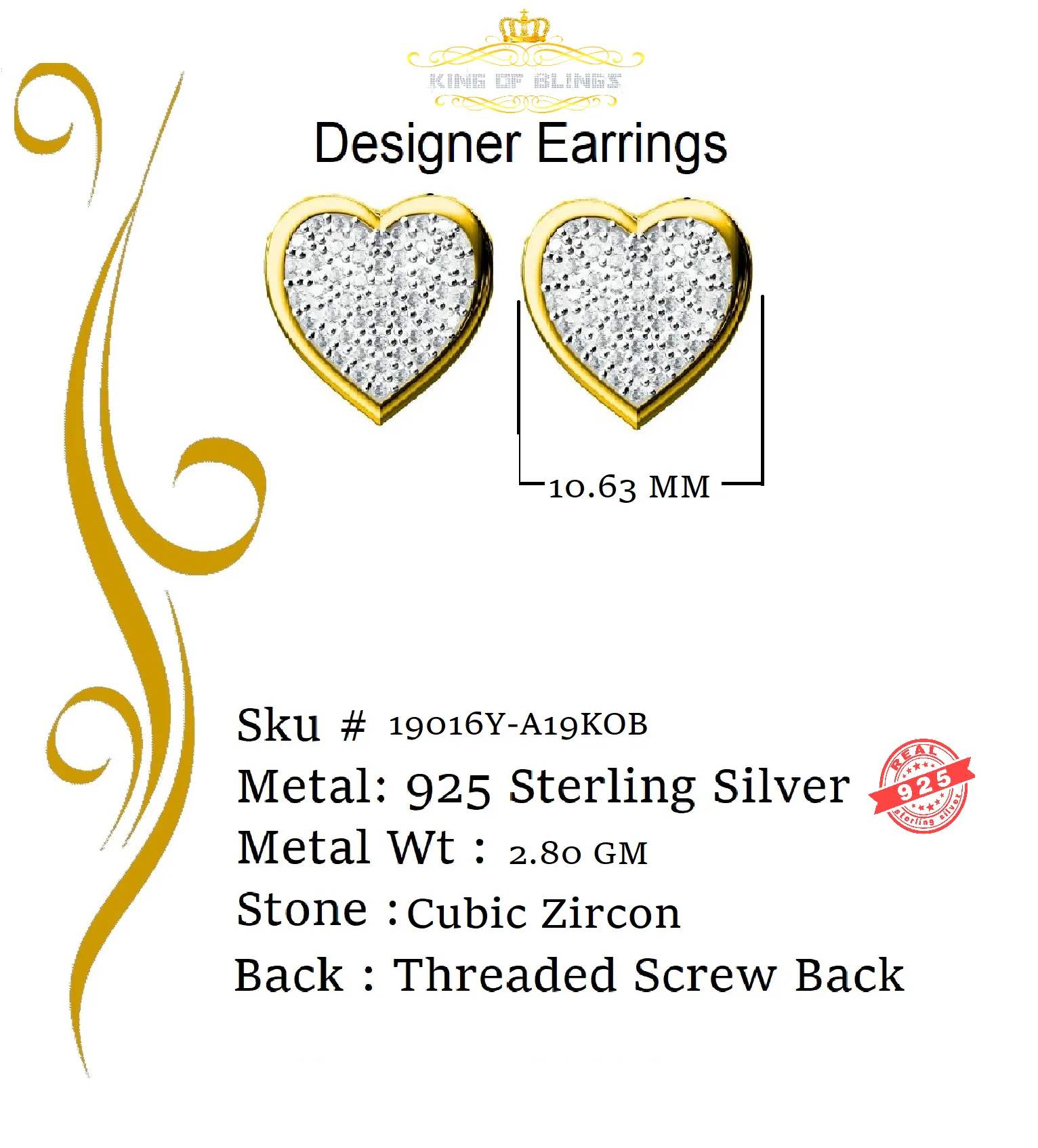 King of Bling's Aretes Para Hombre 925 Yellow Silver 0.71ct Cubic Zirconia Heart Women's Earring