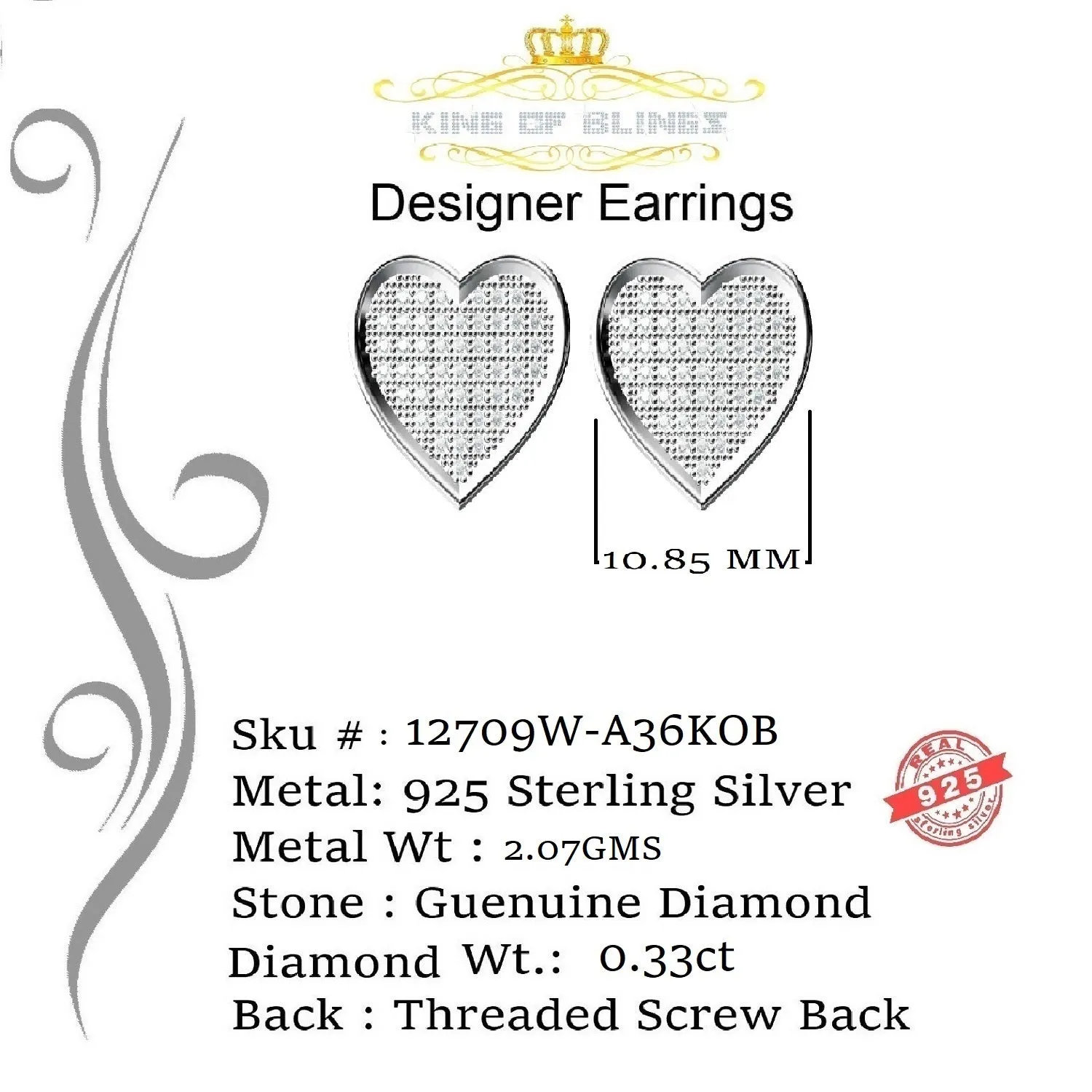 King Of Bling's Aretes Para Hombre Heart 925 White Silver 0.33ct Diamond Women's /Men's Earring
