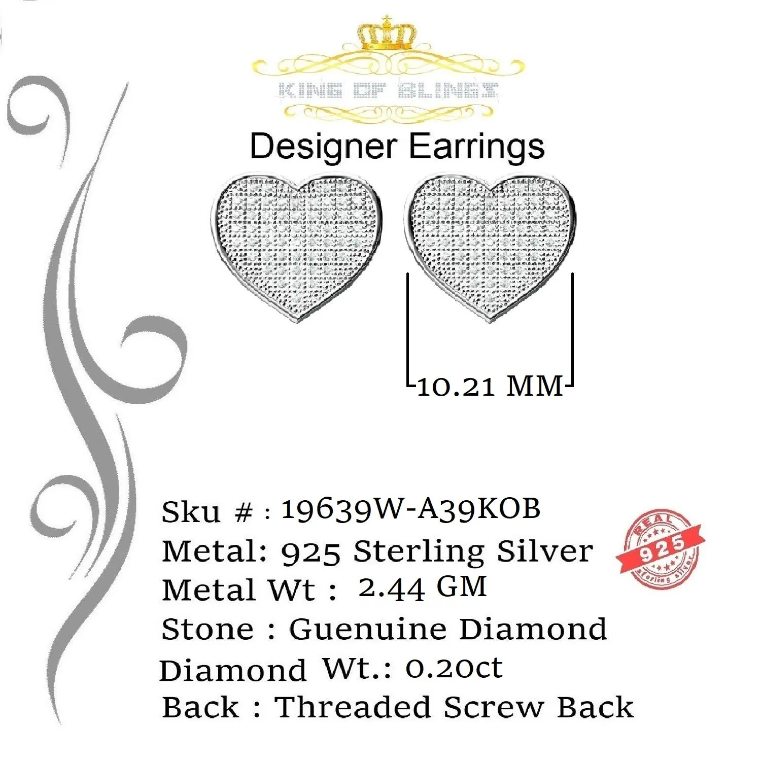 King Of Bling's Aretes Para Hombre Heart White Silver 0.20ct Diamond Women's /Men's Earring