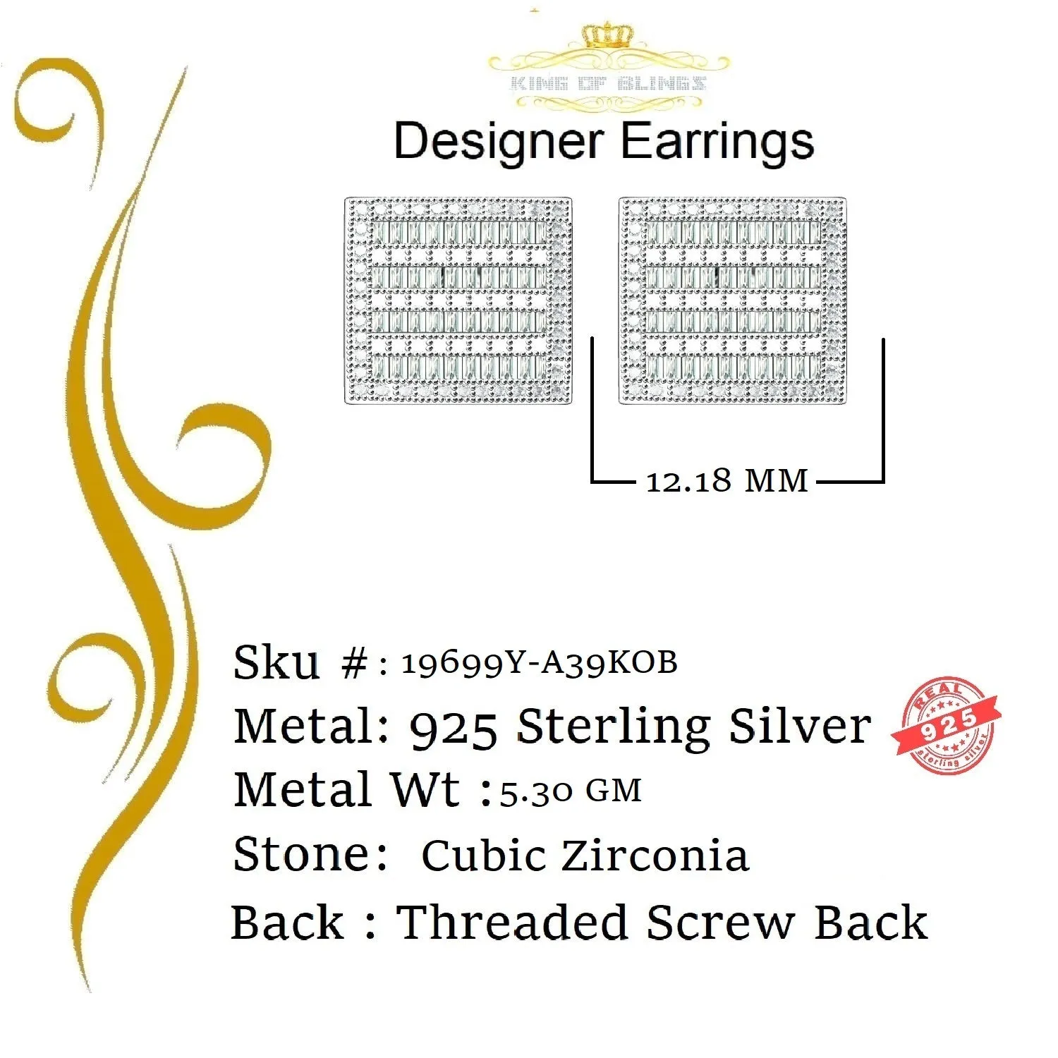 King of Bling's Hip Hop 925 Sterling Yellow Silver 1.60ct Cubic Zirconia Women Square Earrings