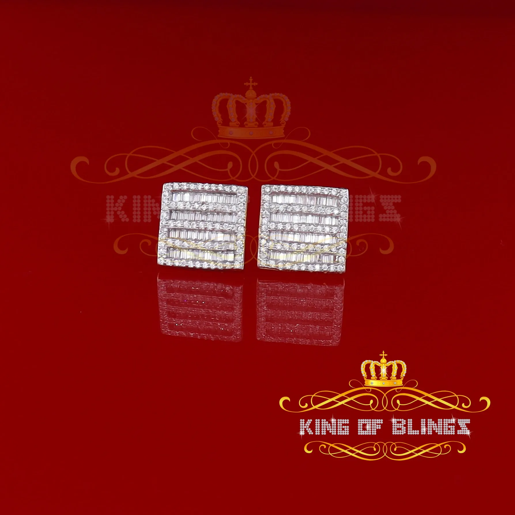 King of Bling's Hip Hop 925 Sterling Yellow Silver 1.60ct Cubic Zirconia Women Square Earrings