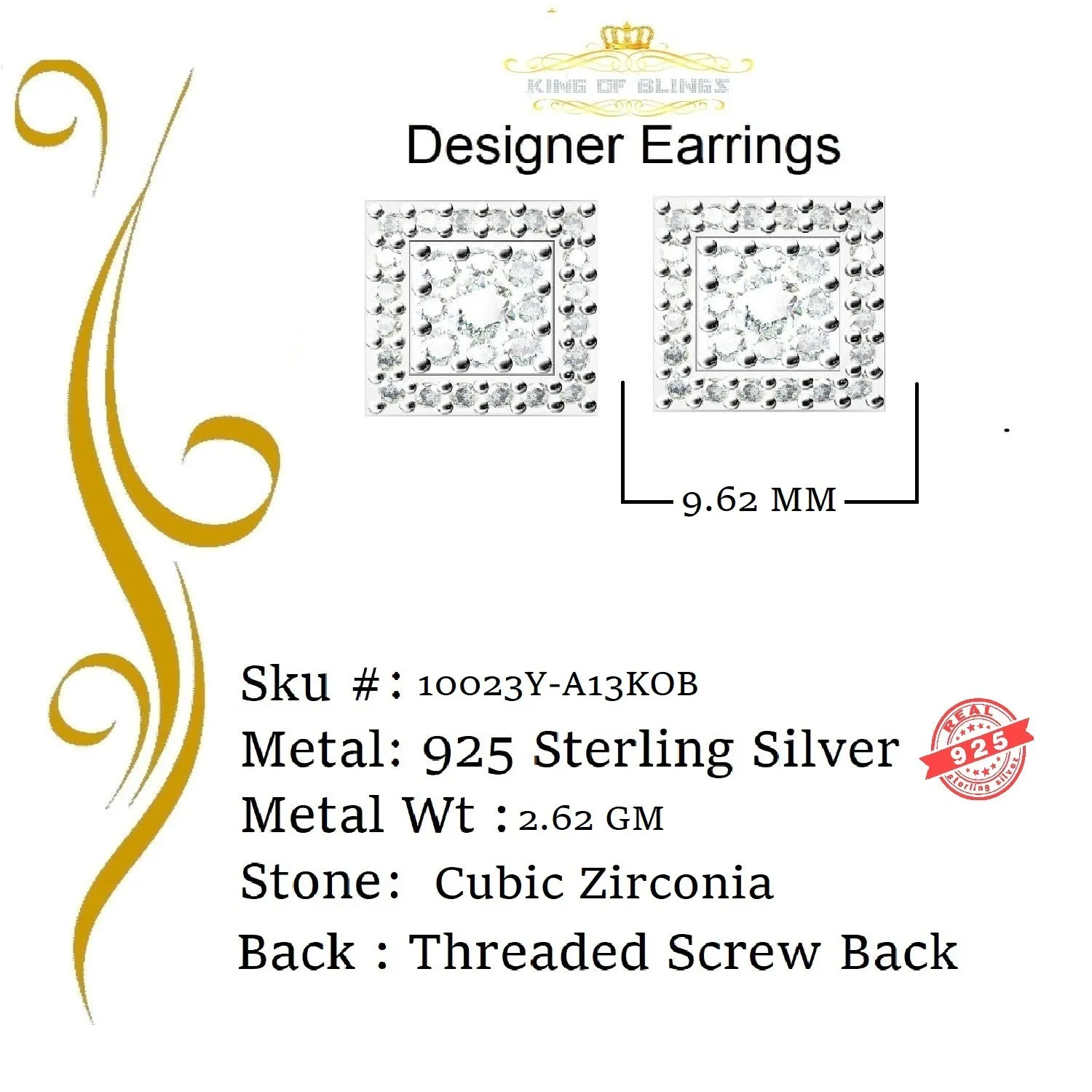 King of Bling's Hip Hop Yellow Silver Screw Back 1.04ct Cubic Zirconia Women's Square Earrings
