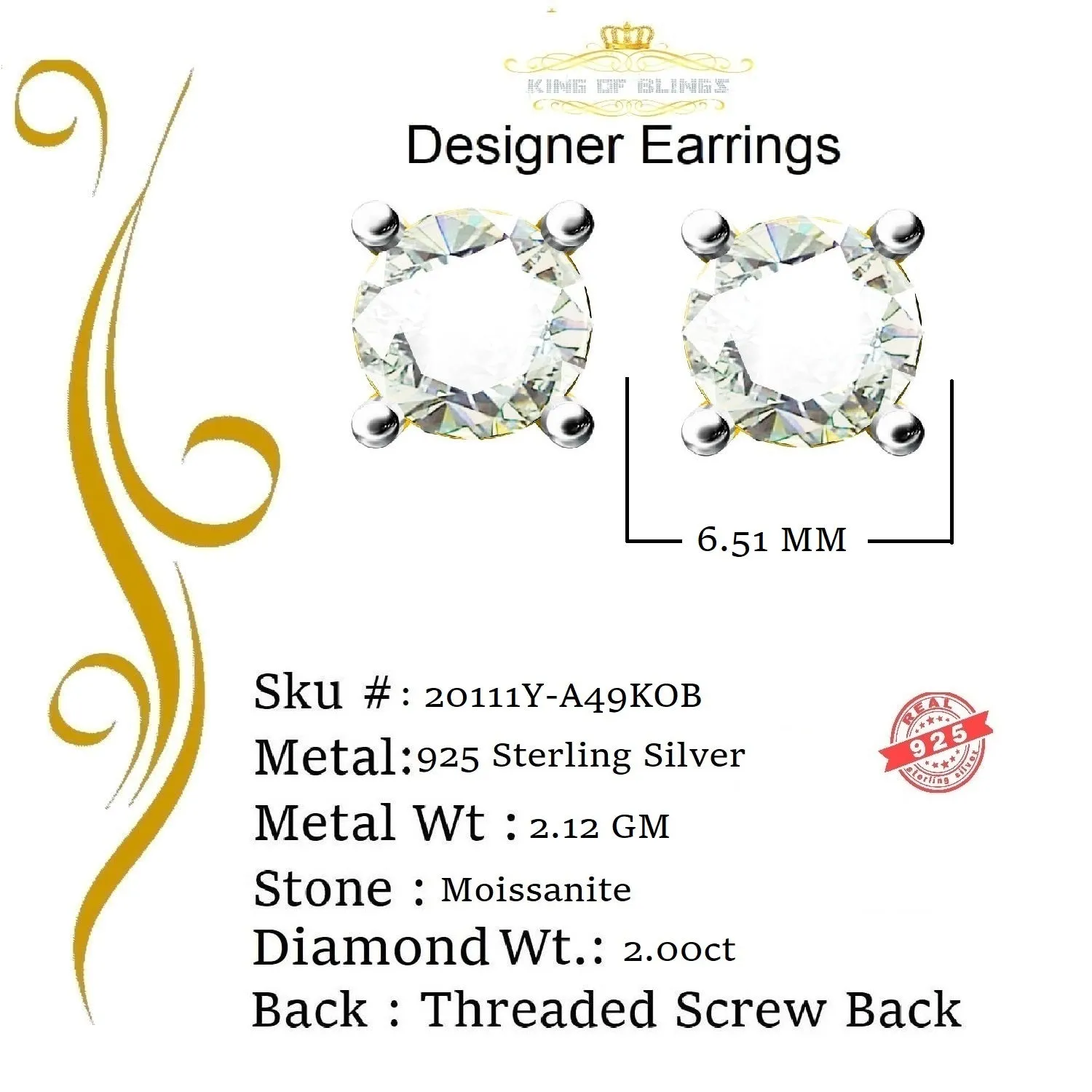 King  of Bling's Men's & Women's Yellow 925 Silver 2.00ct VVS 'D' Moissanite Stud Stud Earrings