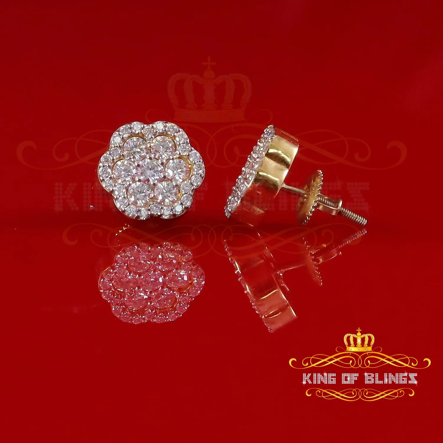 King  of Bling's Yellow Floral 1.50ct VVS 'D' Moissanite 925 Stud Earrings Men's/Women