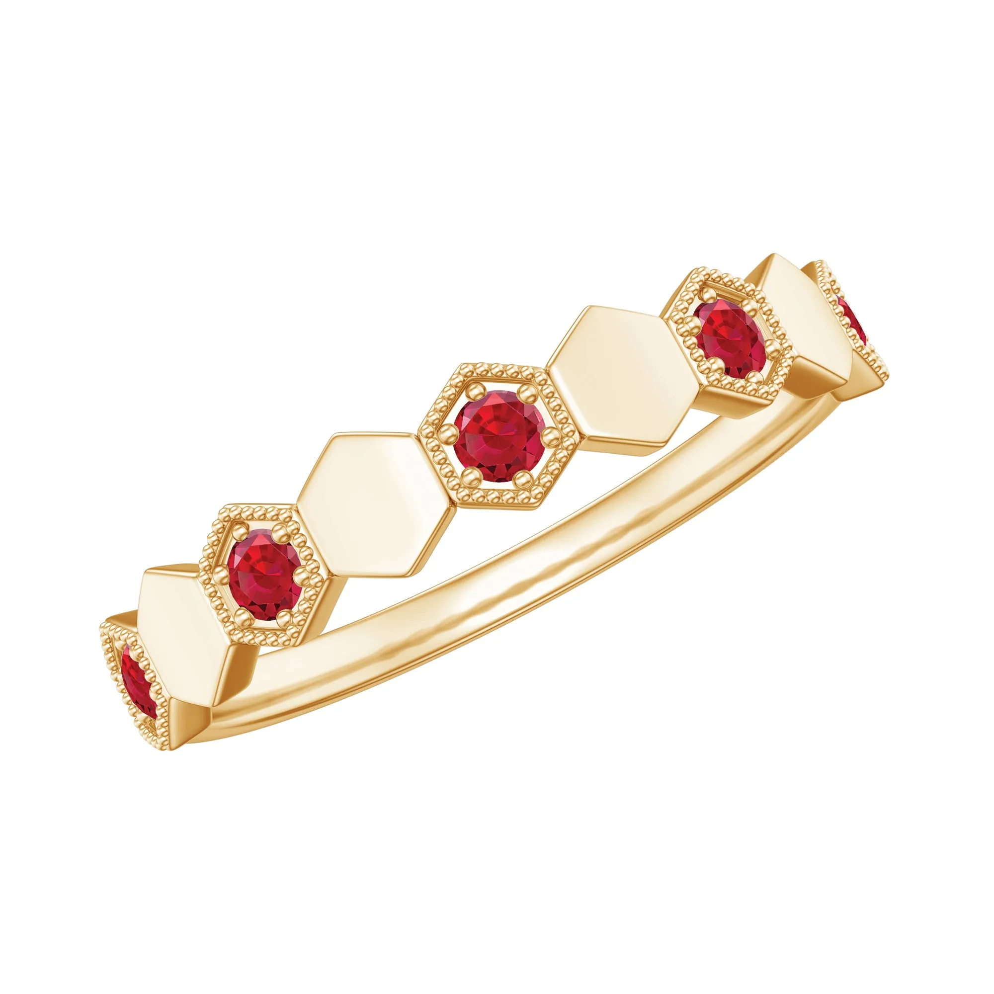 Lab-Created Ruby Hexagon Eternity Ring with Beaded Gold