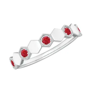 Lab-Created Ruby Hexagon Eternity Ring with Beaded Gold