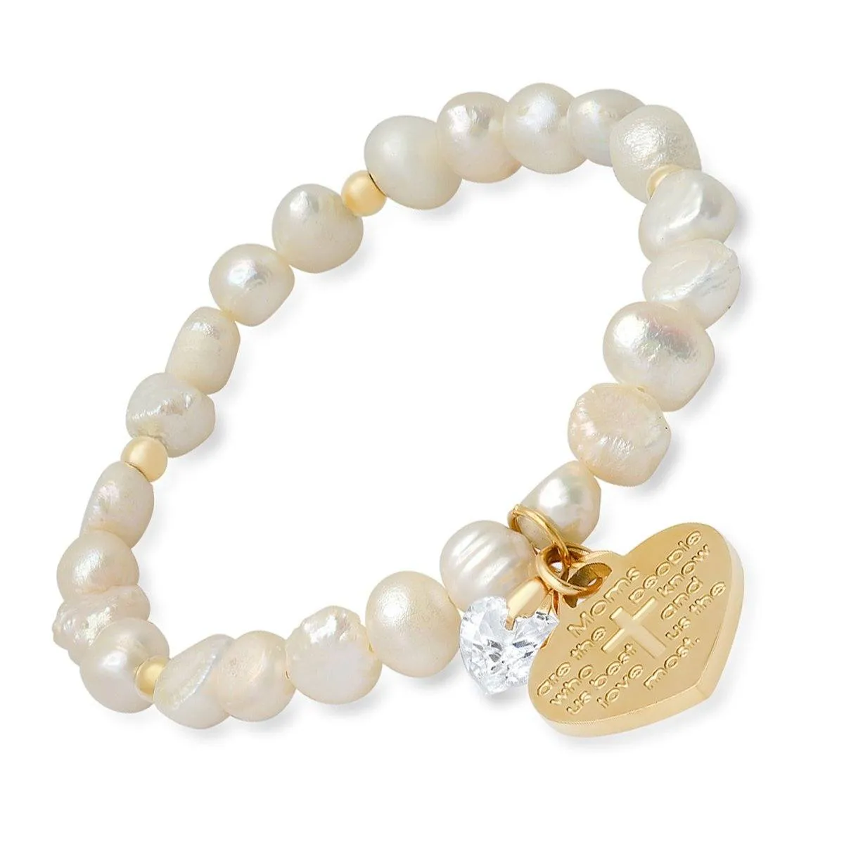 Ladies Freshwater Pearls Heart Charm Swarovski Crystal Beaded Bracelet