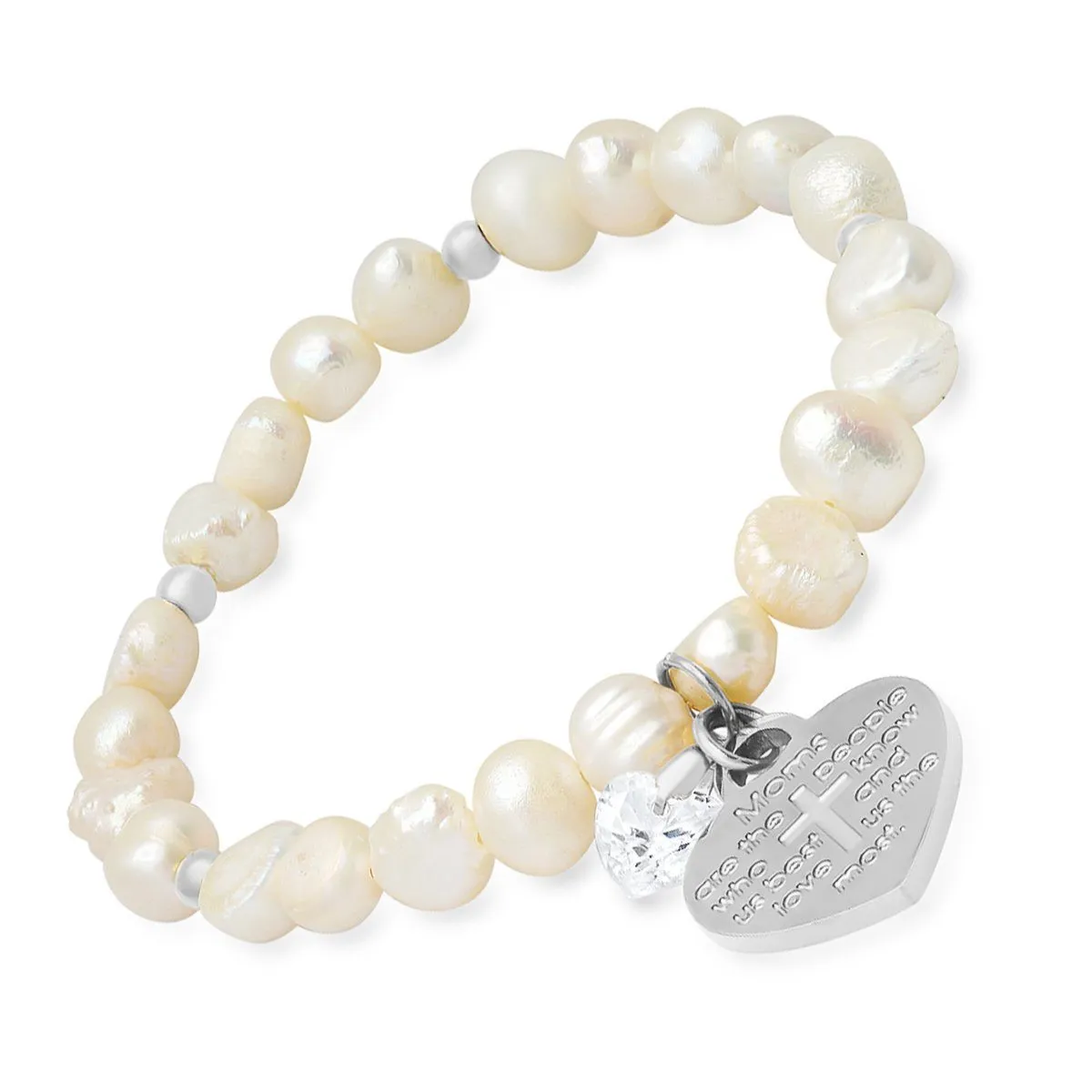 Ladies Freshwater Pearls Heart Charm Swarovski Crystal Beaded Bracelet