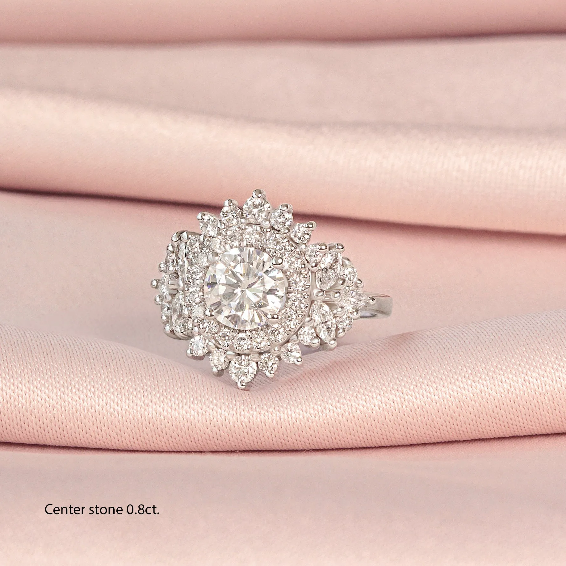 Large Double Halo Round Diamond Unique Statement Engagement Ring, "Monaco"