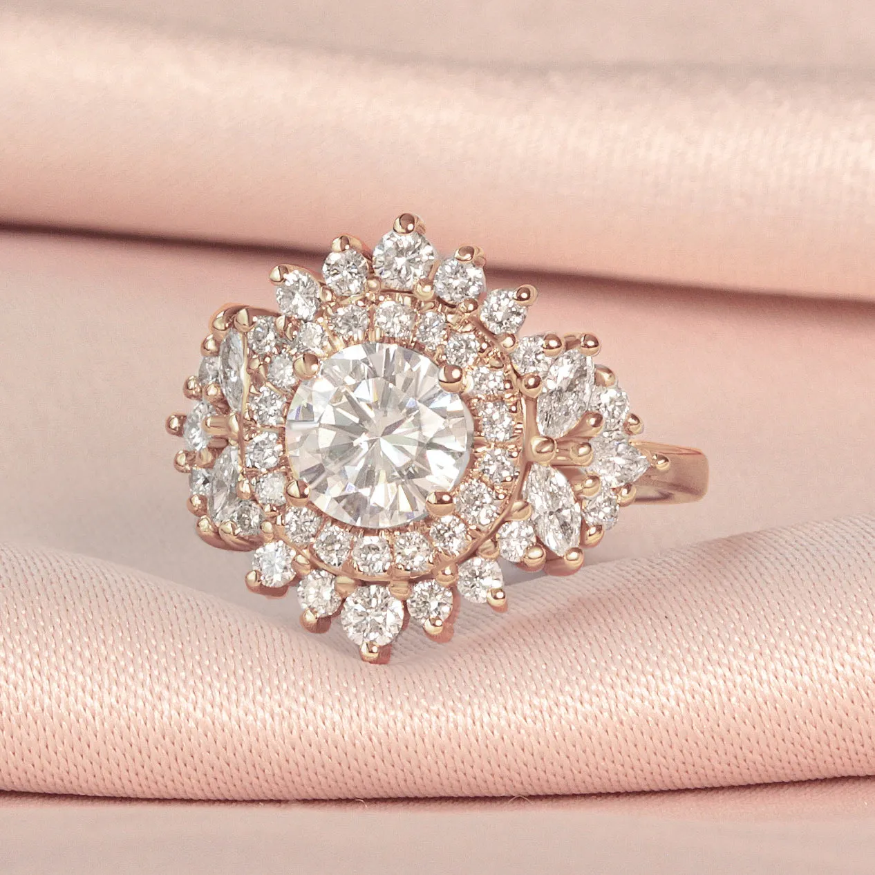 Large Double Halo Round Diamond Unique Statement Engagement Ring, "Monaco"