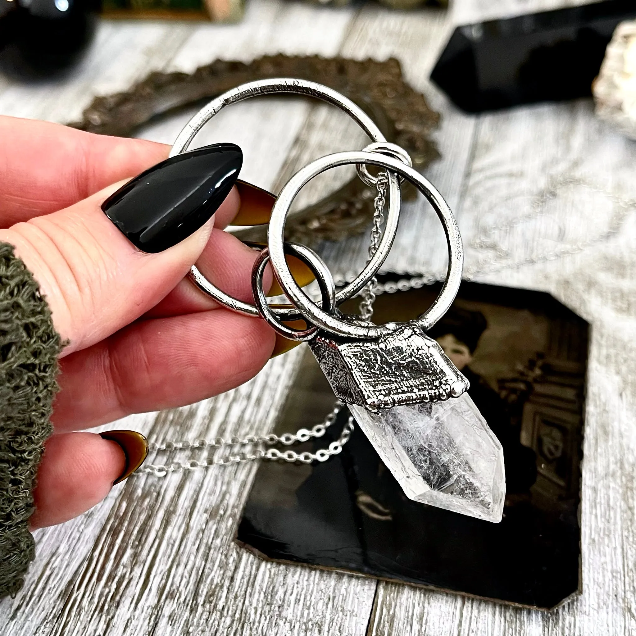 Large Raw Clear Quartz Crystal Necklace Pendant in Fine Silver / Witchy Necklace Goth Jewelry