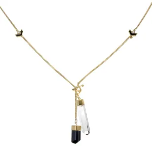 LONG CRYSTAL NECKLACE WITH CHEVRON DETAIL - QUARTZ & BLACK TOURMALINE - GOLD