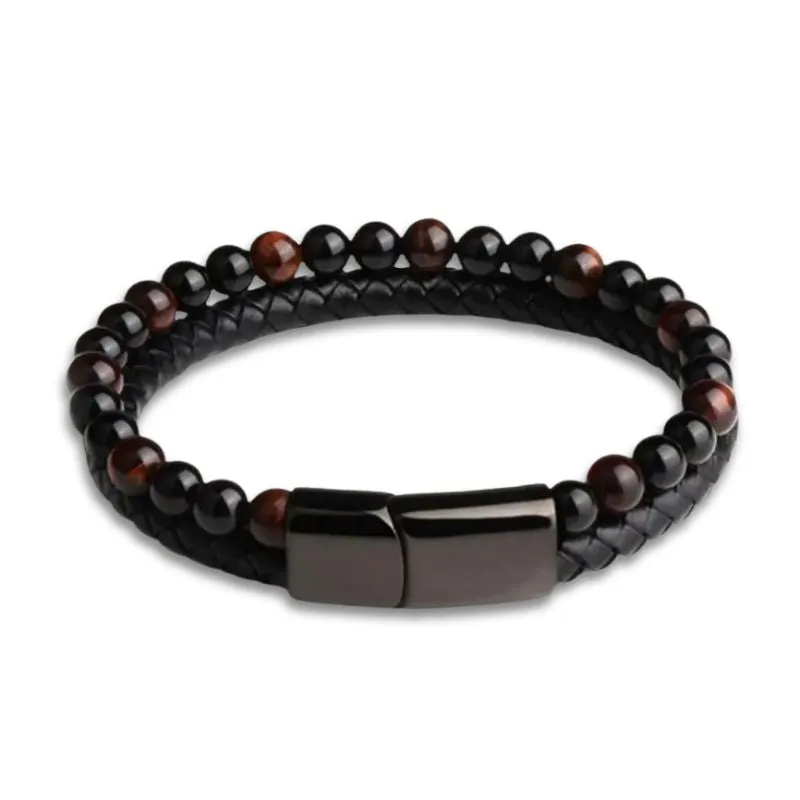 Maxhematie Beaded Leather Bracelet for Men | Black