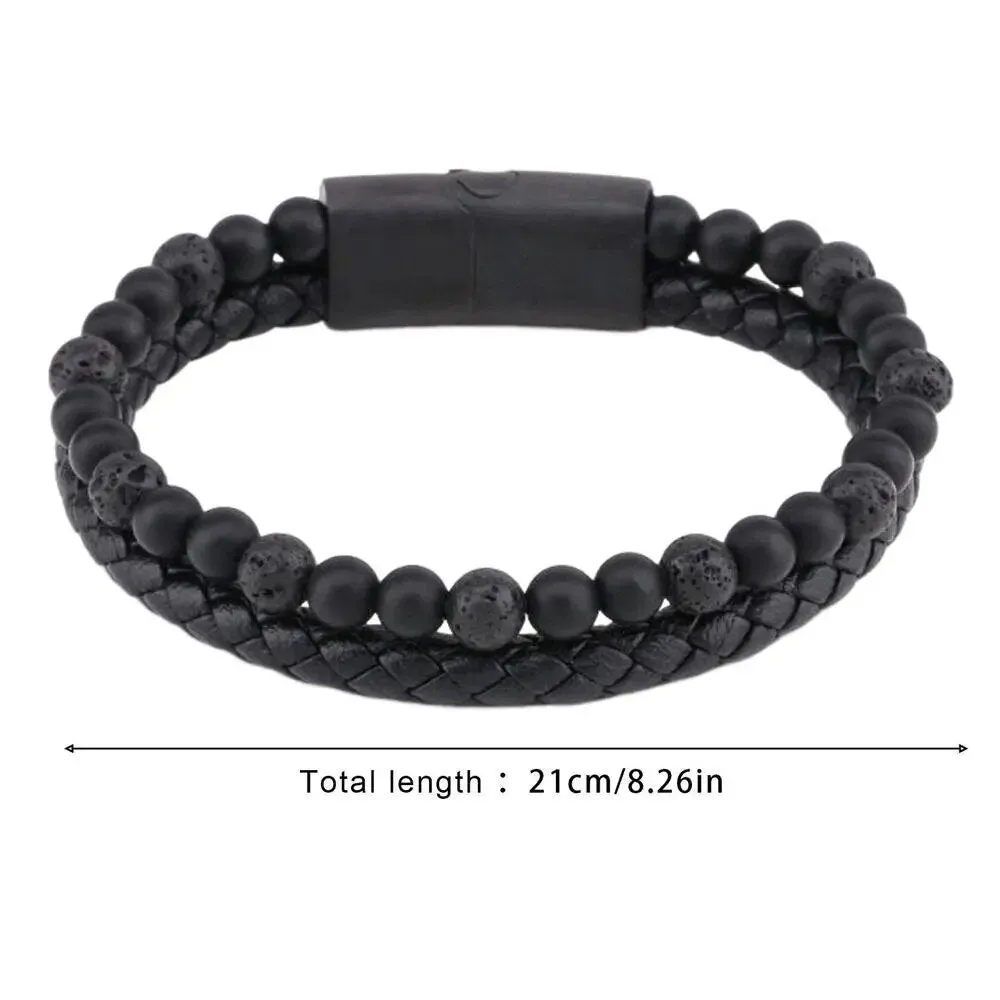 Maxhematie Beaded Leather Bracelet for Men | Black