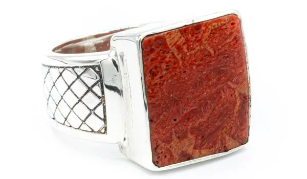 Men's Sterling Silver Red Coral Signet Ring