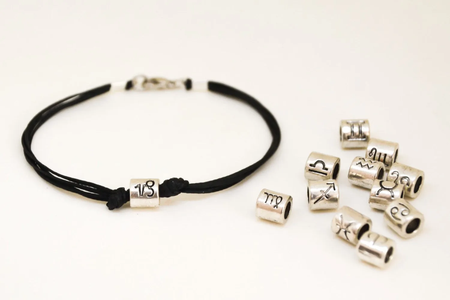 Men's Zodiac signs bracelet, silver Capricorn sign bead, black cord, birthday gift for him