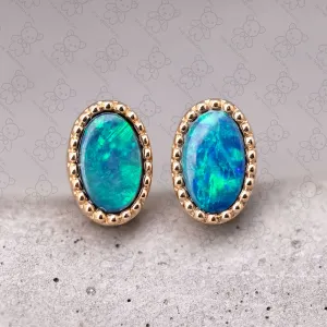 Minimalist Australian Doublet Opal Earrings 18K Yellow Gold