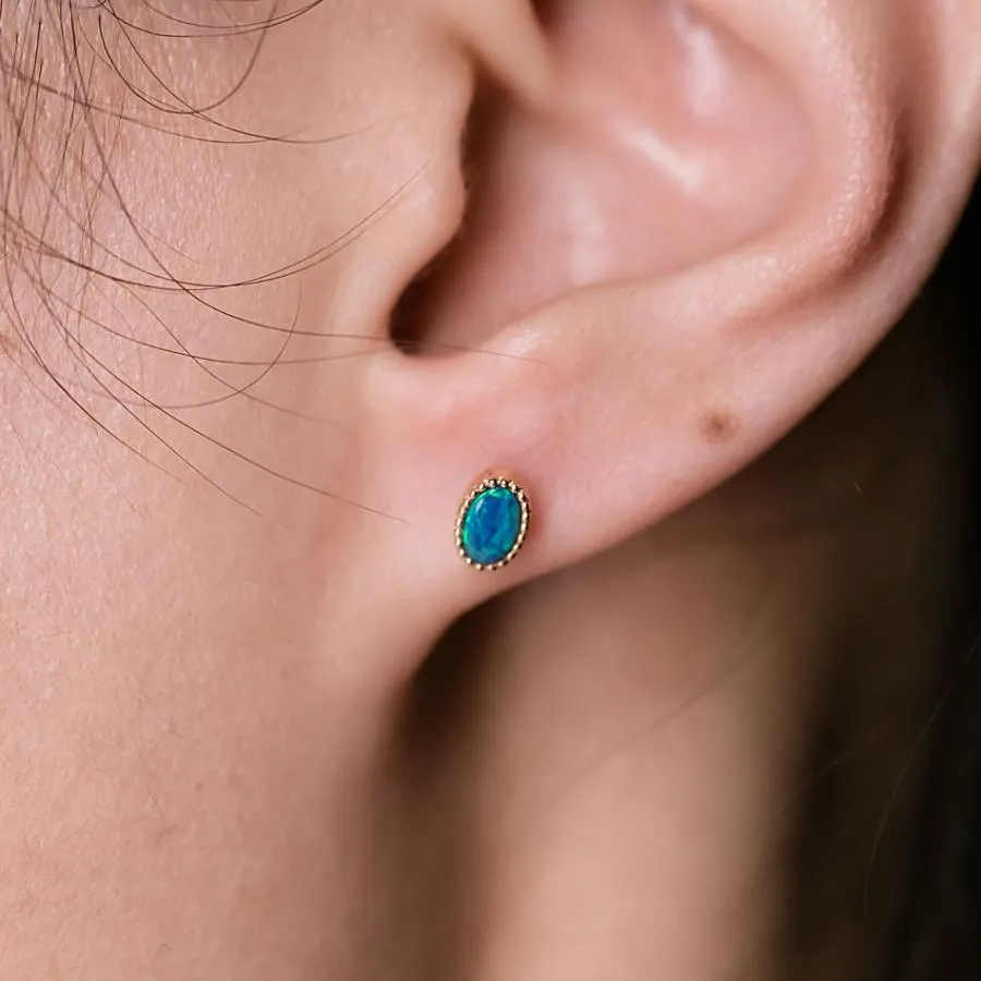 Minimalist Australian Doublet Opal Earrings 18K Yellow Gold