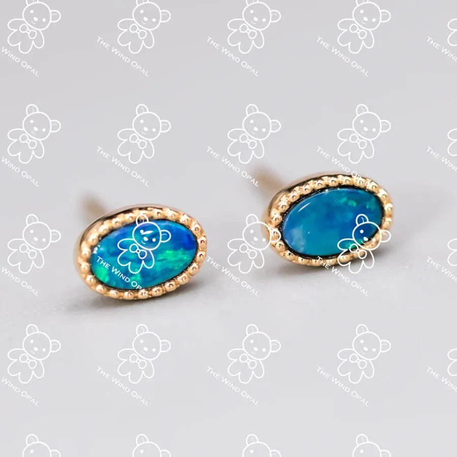 Minimalist Australian Doublet Opal Earrings 18K Yellow Gold