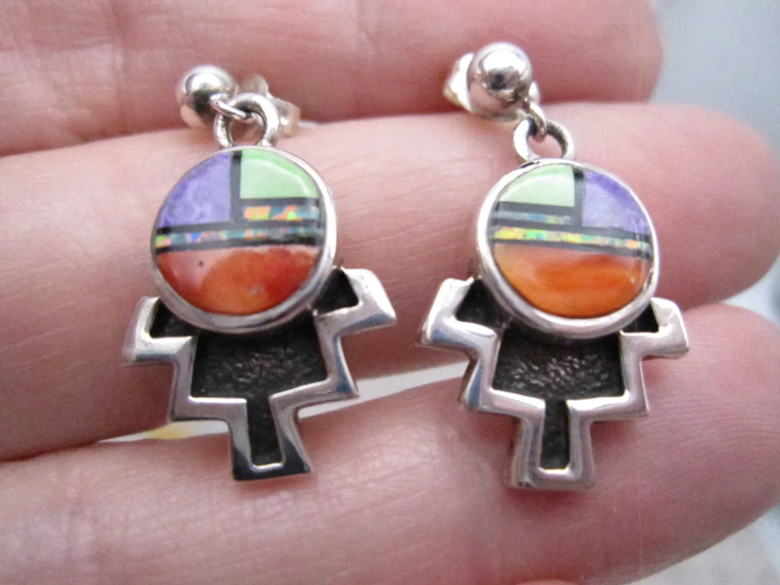 Native American Made Multi Stone Inlay and Sterling Silver Post Earrings