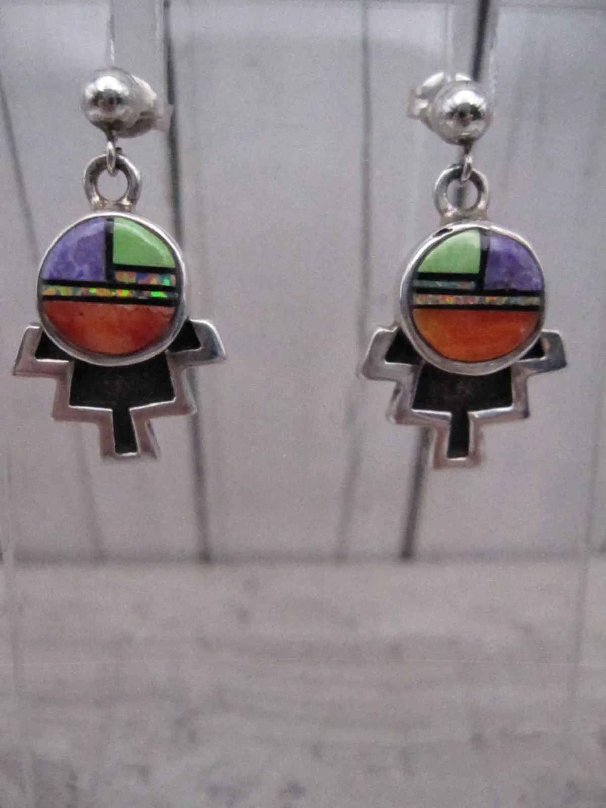 Native American Made Multi Stone Inlay and Sterling Silver Post Earrings