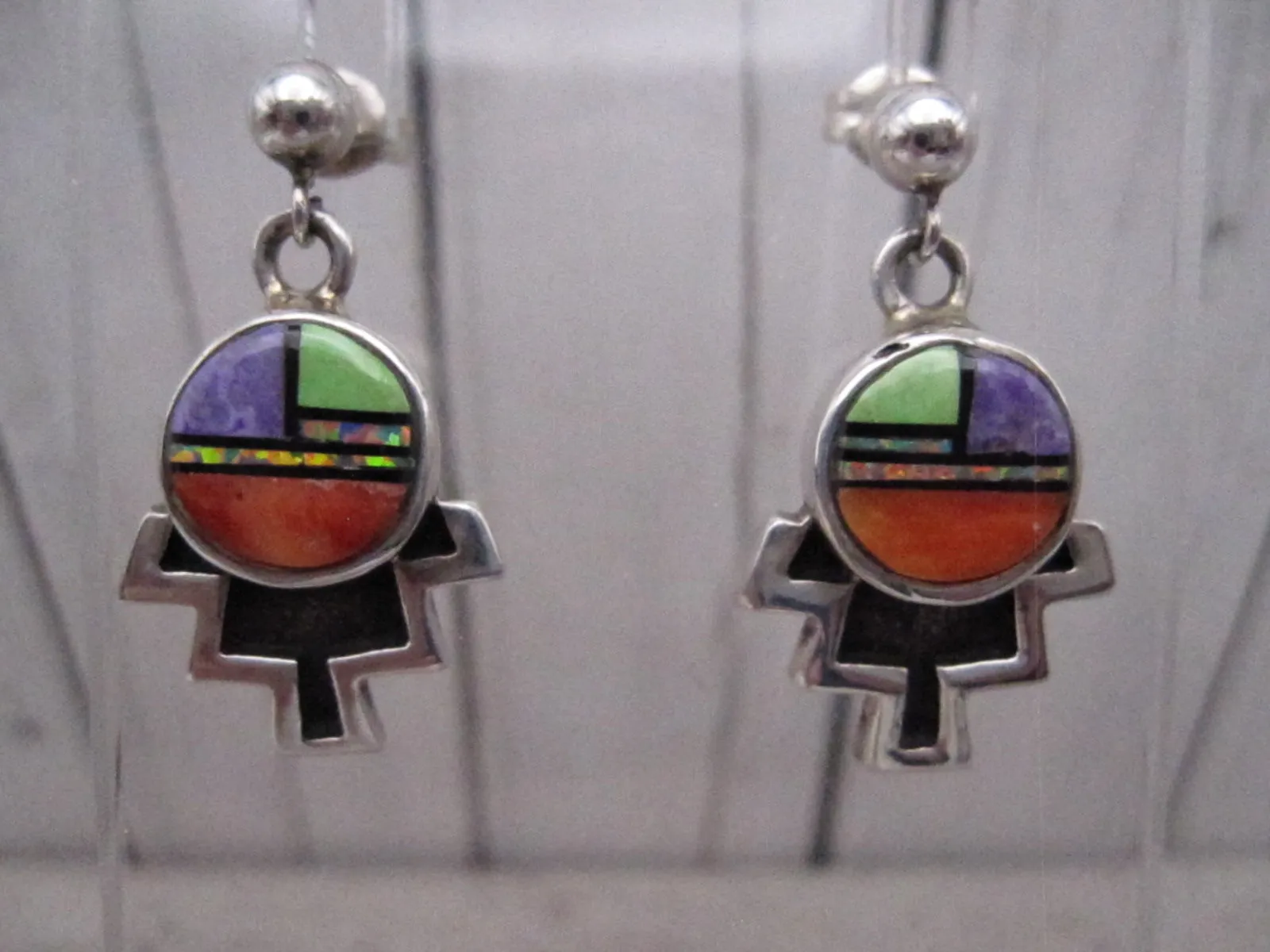 Native American Made Multi Stone Inlay and Sterling Silver Post Earrings