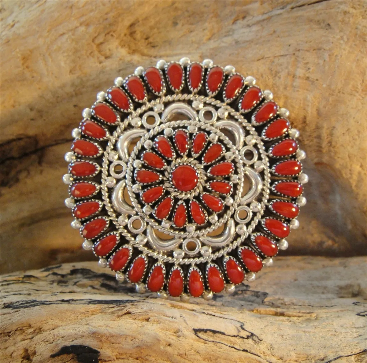 Native American Zun Madei Red Coral and Sterling Silver Pin or Pendant