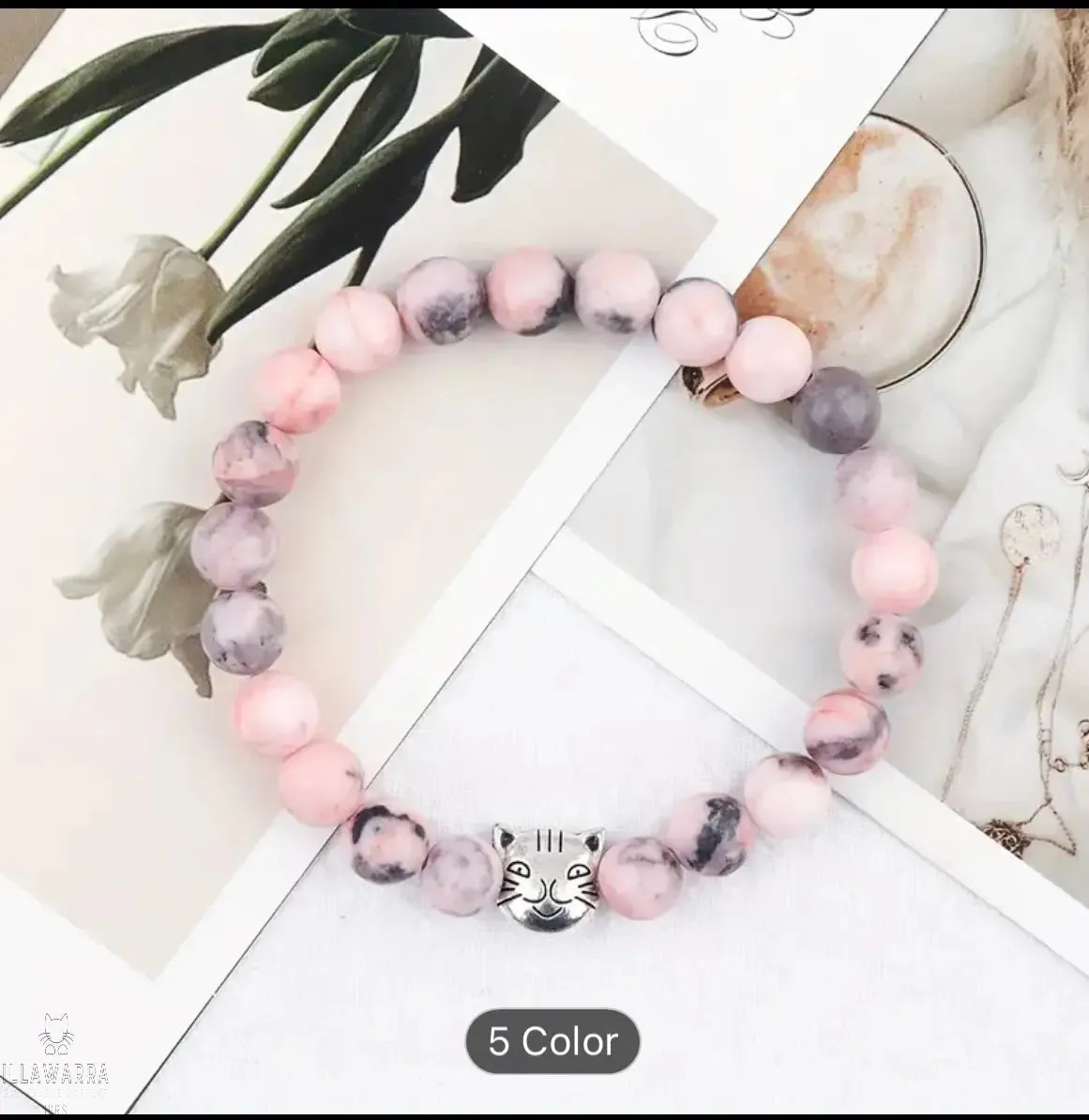 Natural Stone Cat Style Bracelet, Cute Cat Beaded Stretch Jewelry,