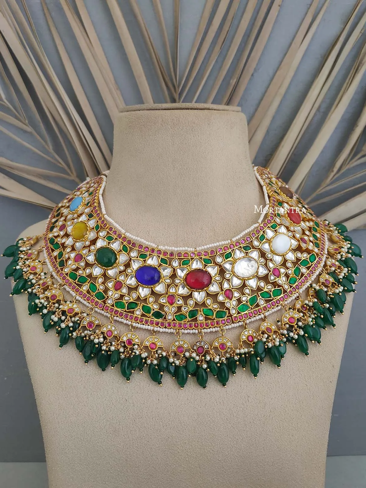 Navratna Gold Plated Jadau Kundan Bridal Necklace Set - MO-S25N